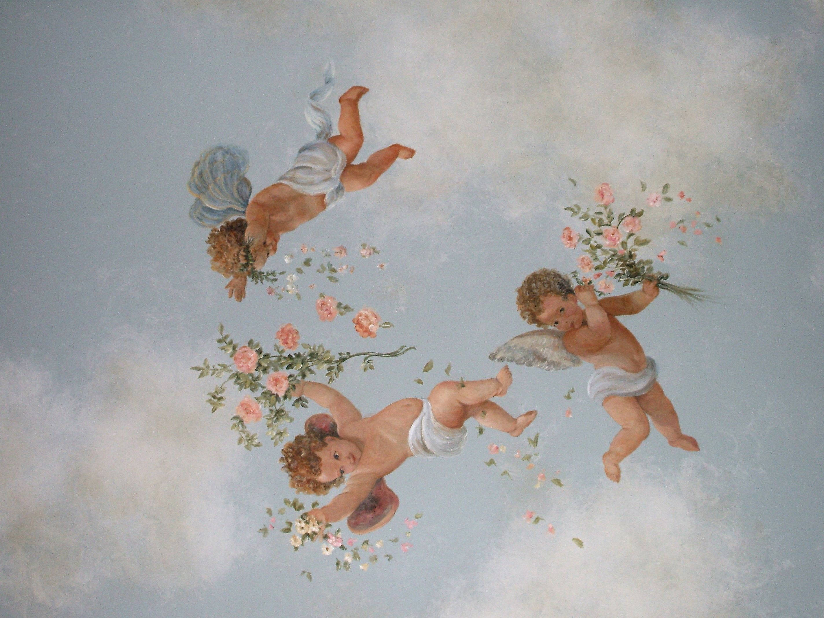 cherubic figures, wings, pink and white blossoms, 2K Desktop Wallpaper