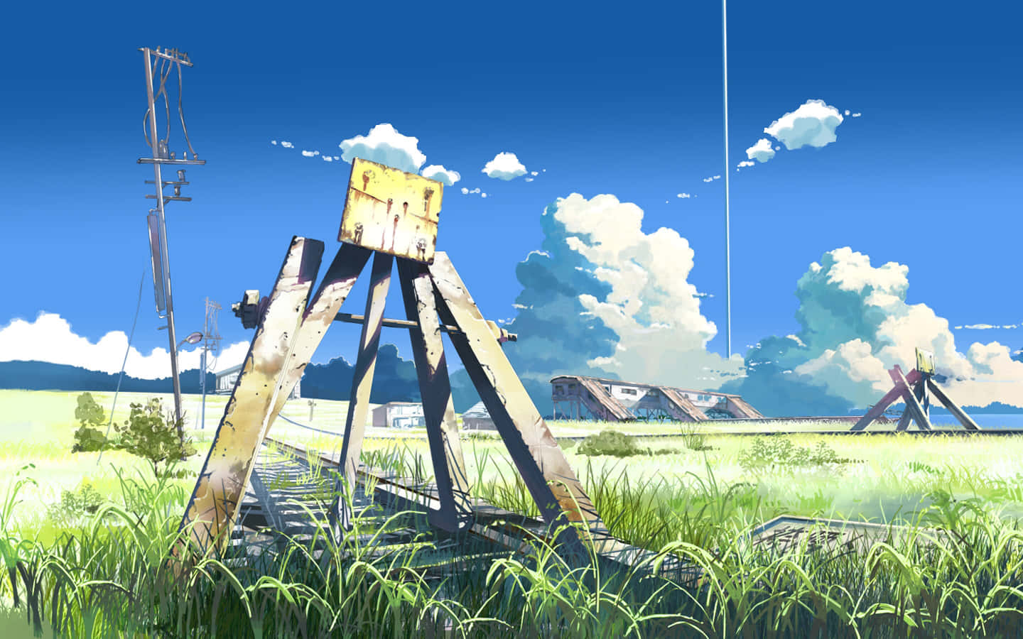 anime-style field, overgrown grass, rusty railway equipment, HD Desktop Wallpaper