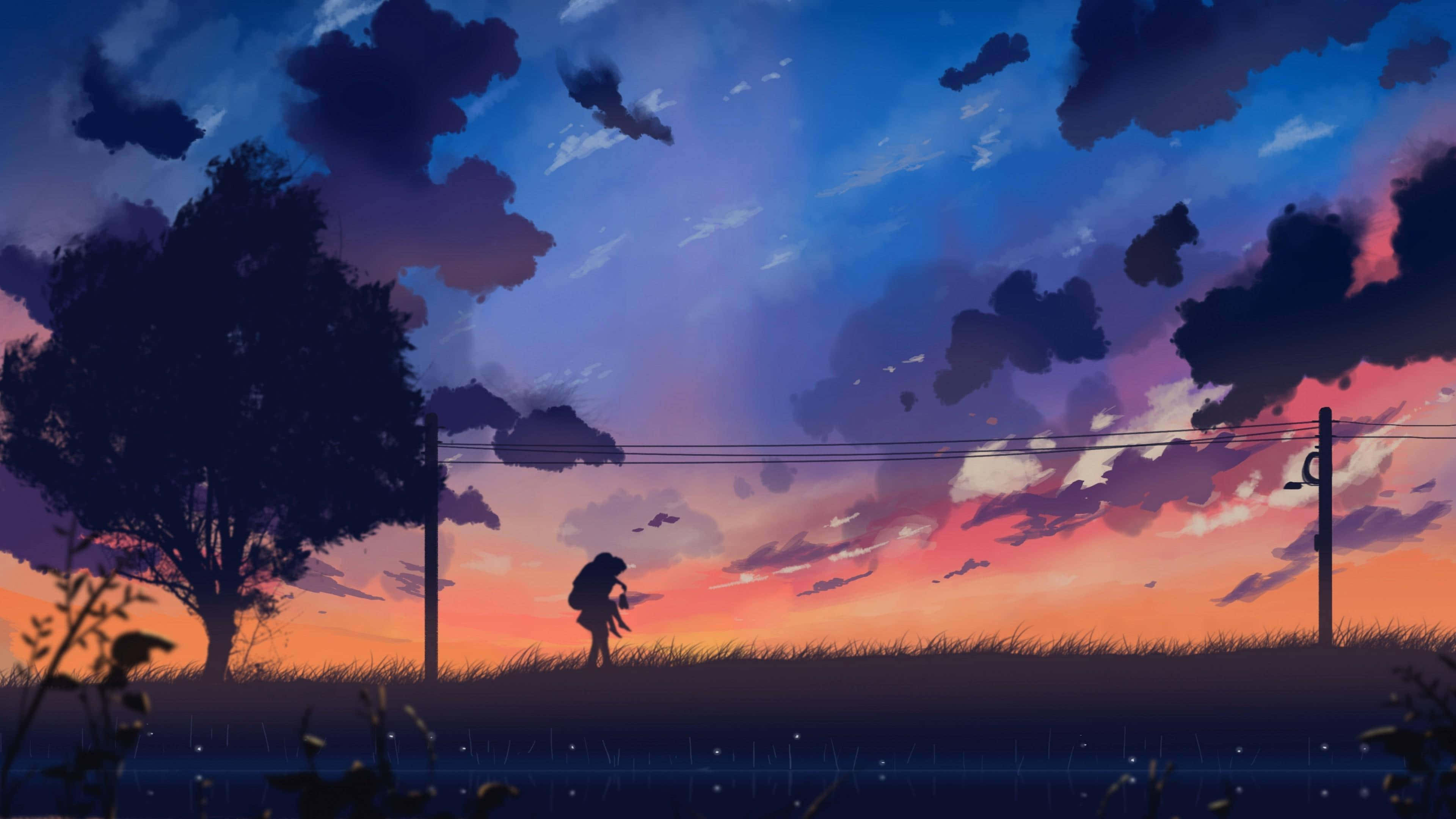 sunset, purple and orange sky, grassy field, 4K Desktop Wallpaper