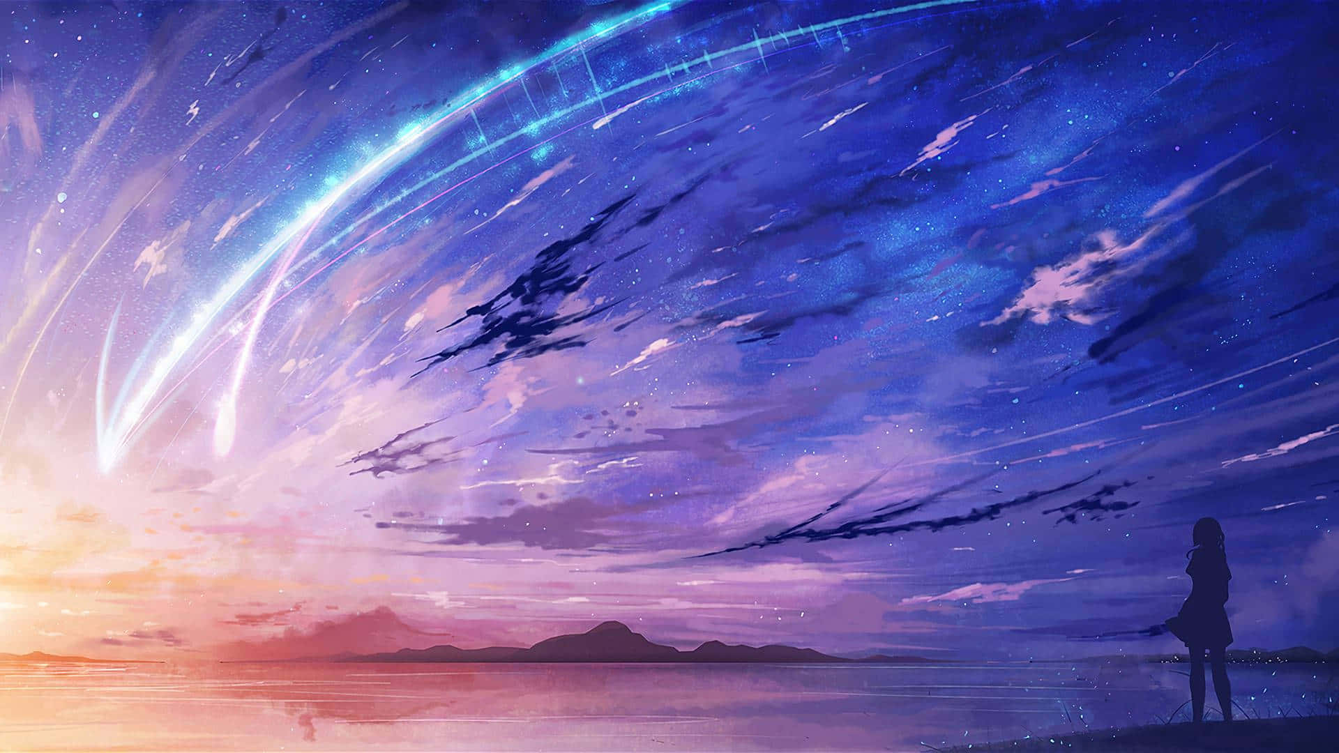 peaceful lake, twilight sky, glowing cosmic trails, Full HD Desktop Wallpaper