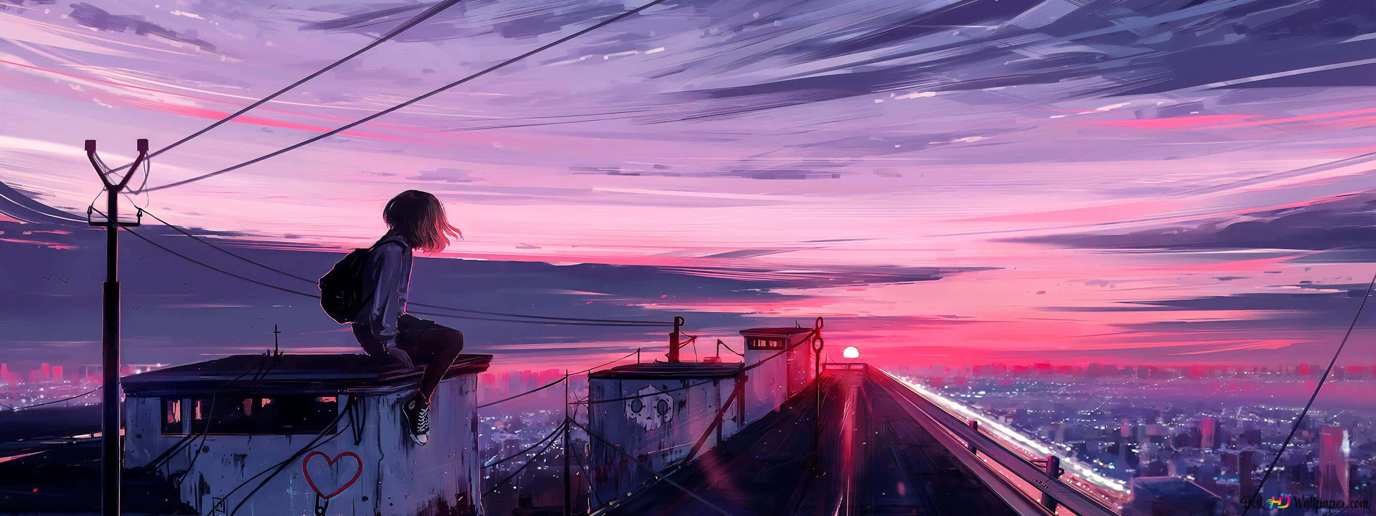 Lonely Girl, anime girl, rooftop, 2K Desktop Wallpaper
