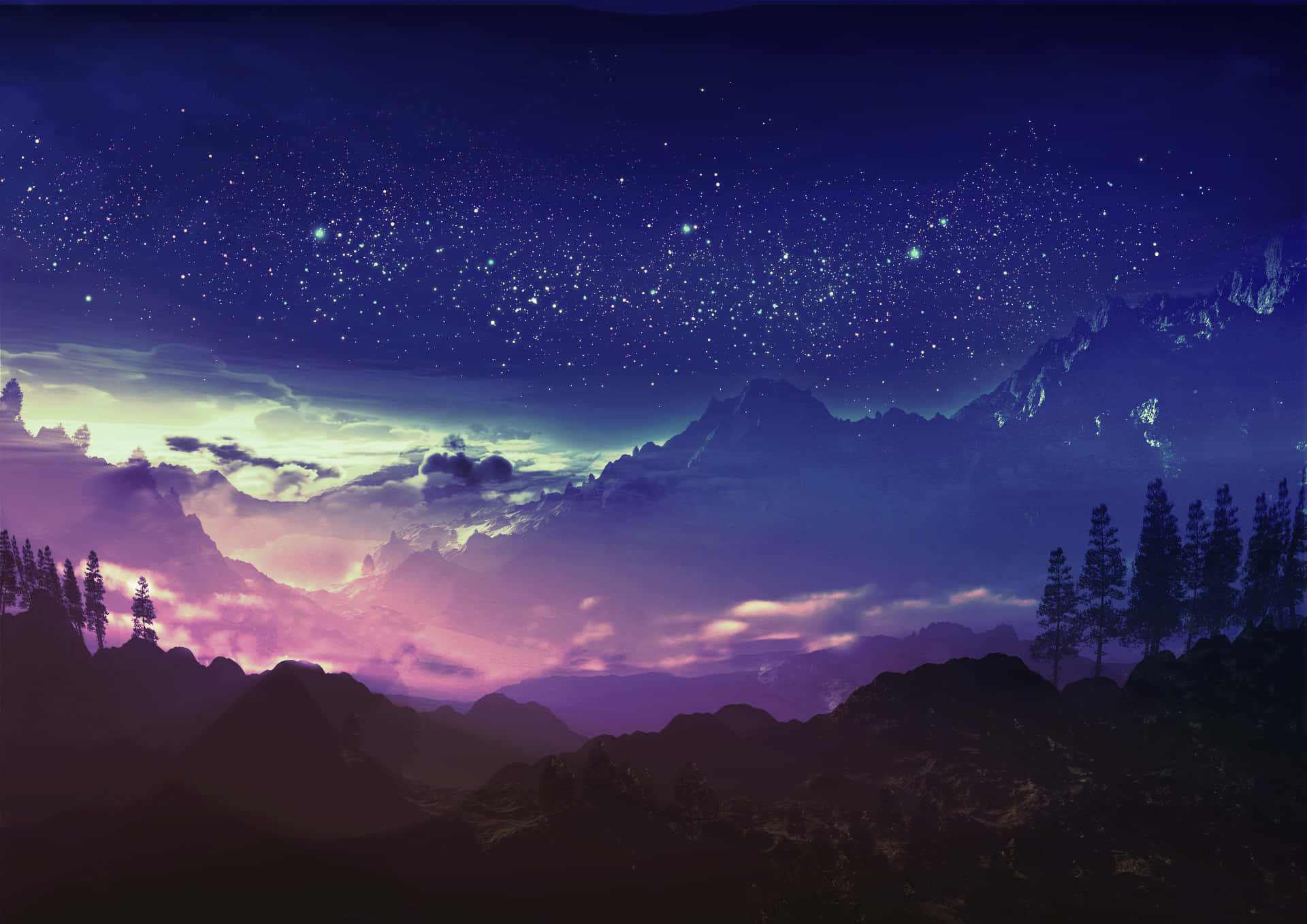 Starry Night Sky, glowing clouds, dark mountain peaks, Full HD Desktop Wallpaper