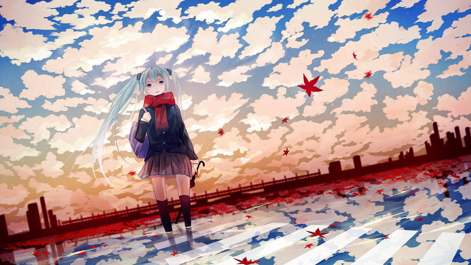 anime girl, blue pigtails, rainy cityscape, Full HD Desktop Wallpaper