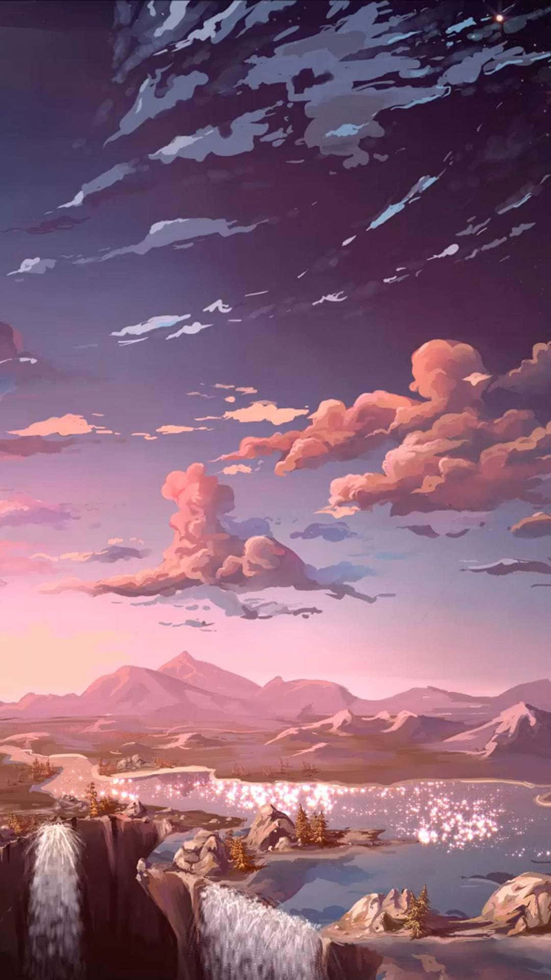 anime-style landscape, pink and purple clouds, mountains, Full HD Phone Wallpaper