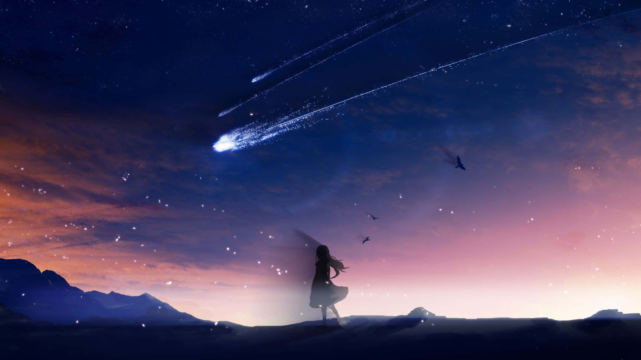 anime sky, mountain ridge, twilight, 2K Desktop Wallpaper