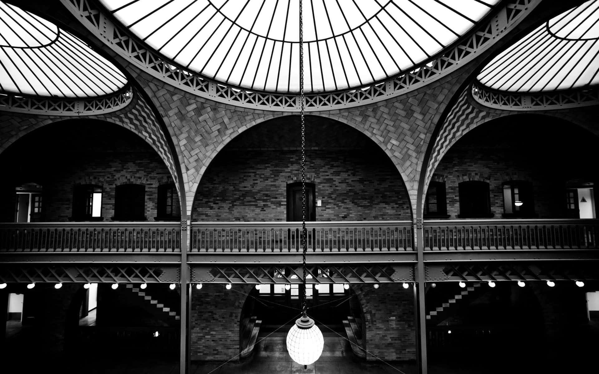 black and white architecture, arched brick atrium, glass dome ceiling, Full HD Desktop Wallpaper