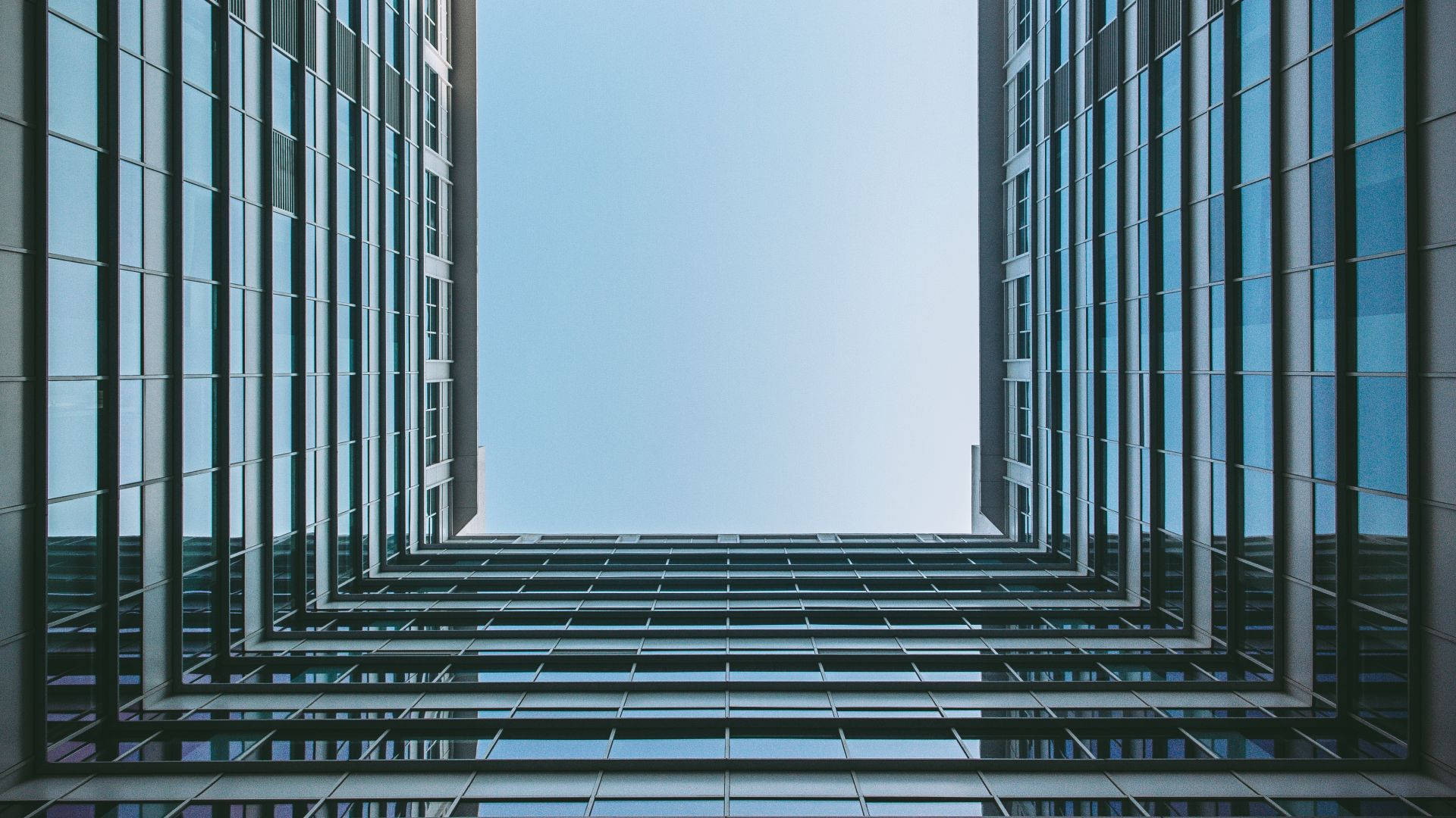 glass skyscrapers, clear blue sky, low-angle urban shot, Full HD Desktop Wallpaper
