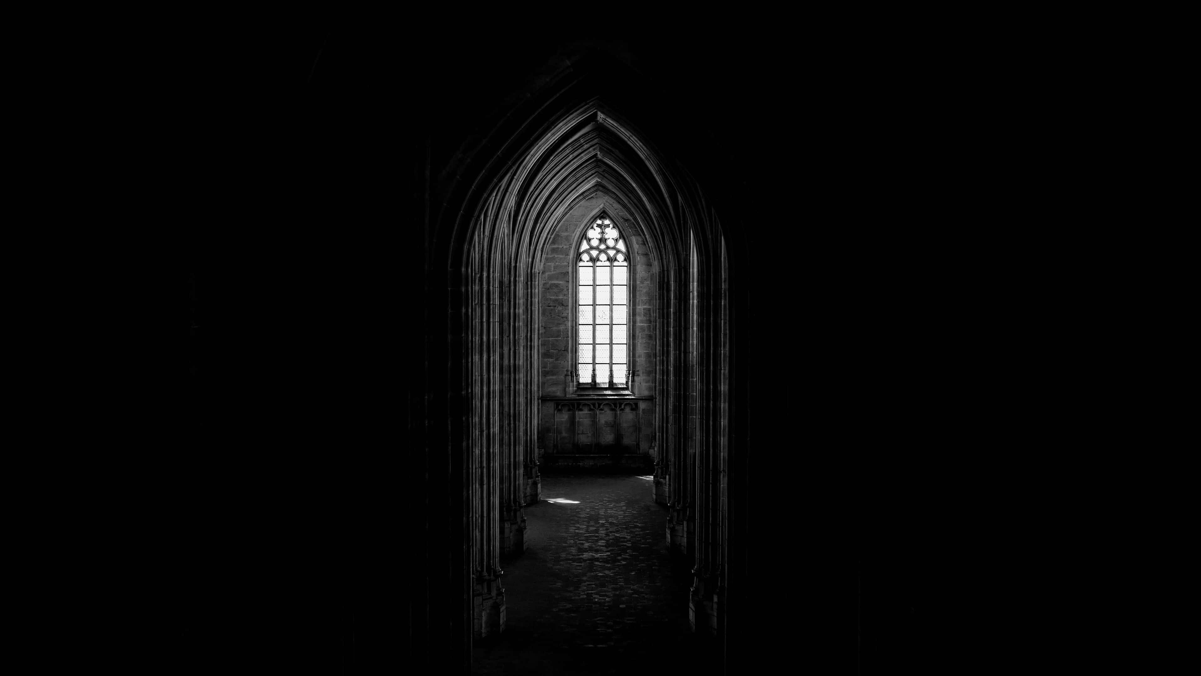 black and white, gothic cathedral aisle, luminous stained glass window, 4K Desktop Wallpaper