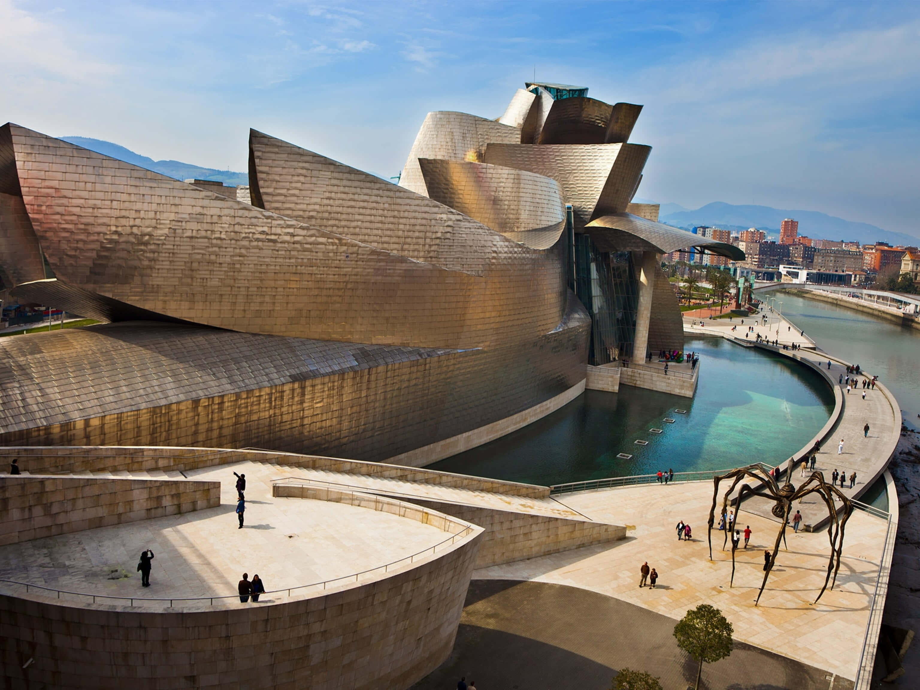 futuristic metallic museum, flowing curves, river, 2K Desktop Wallpaper