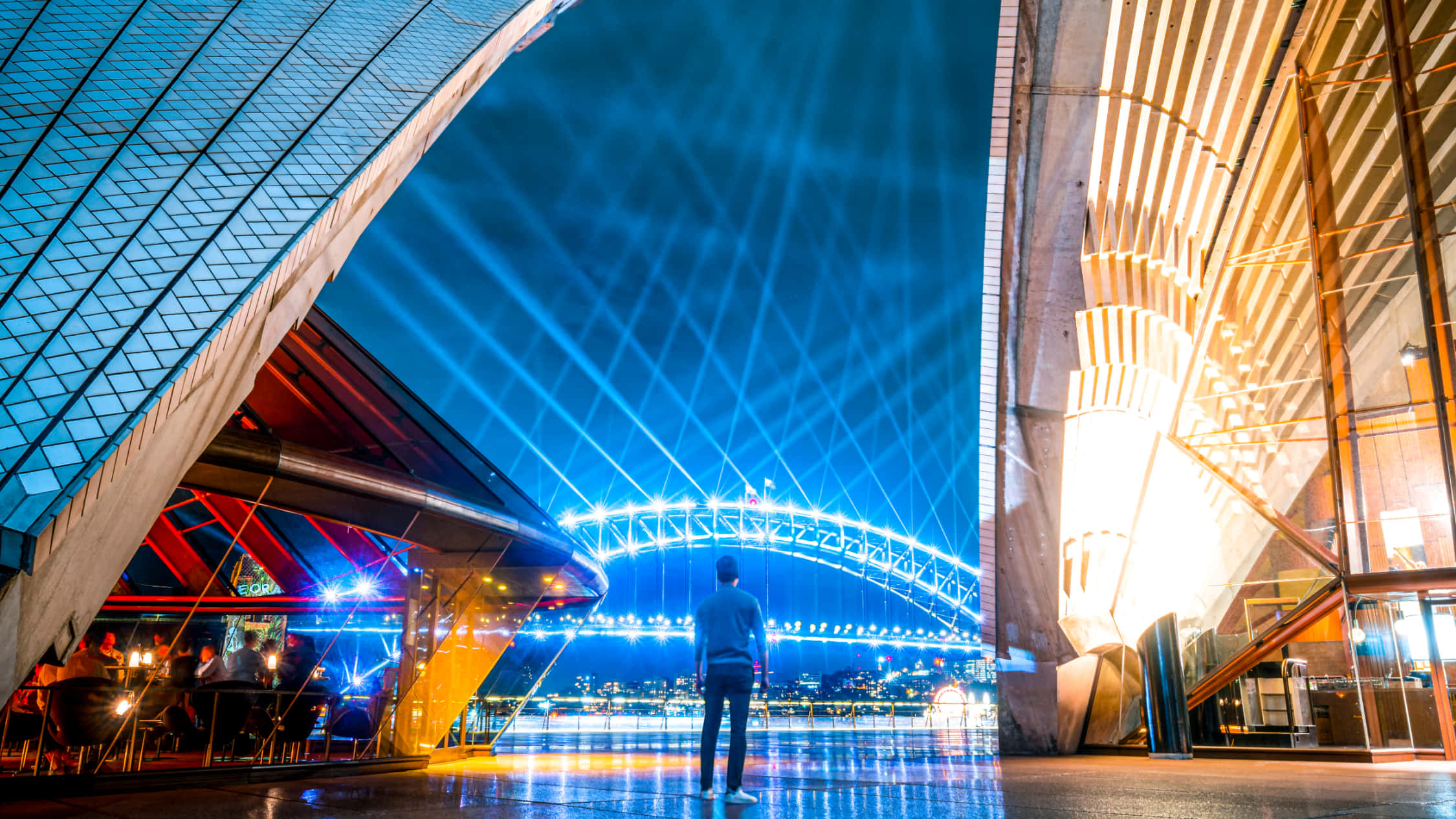 glowing blue laser beams, modern architecture, lit bridge, Full HD Desktop Wallpaper