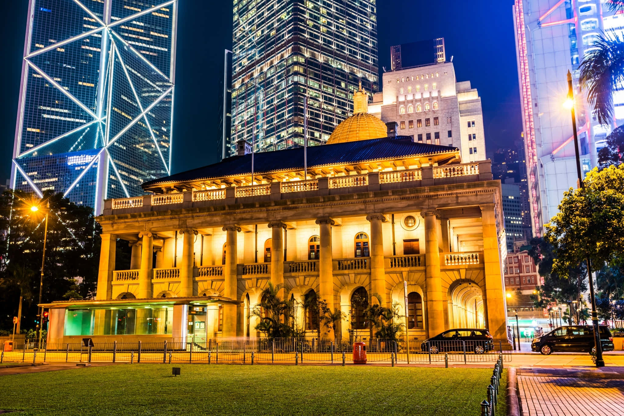 neoclassical building, night, illuminated skyscrapers, Full HD Desktop Wallpaper