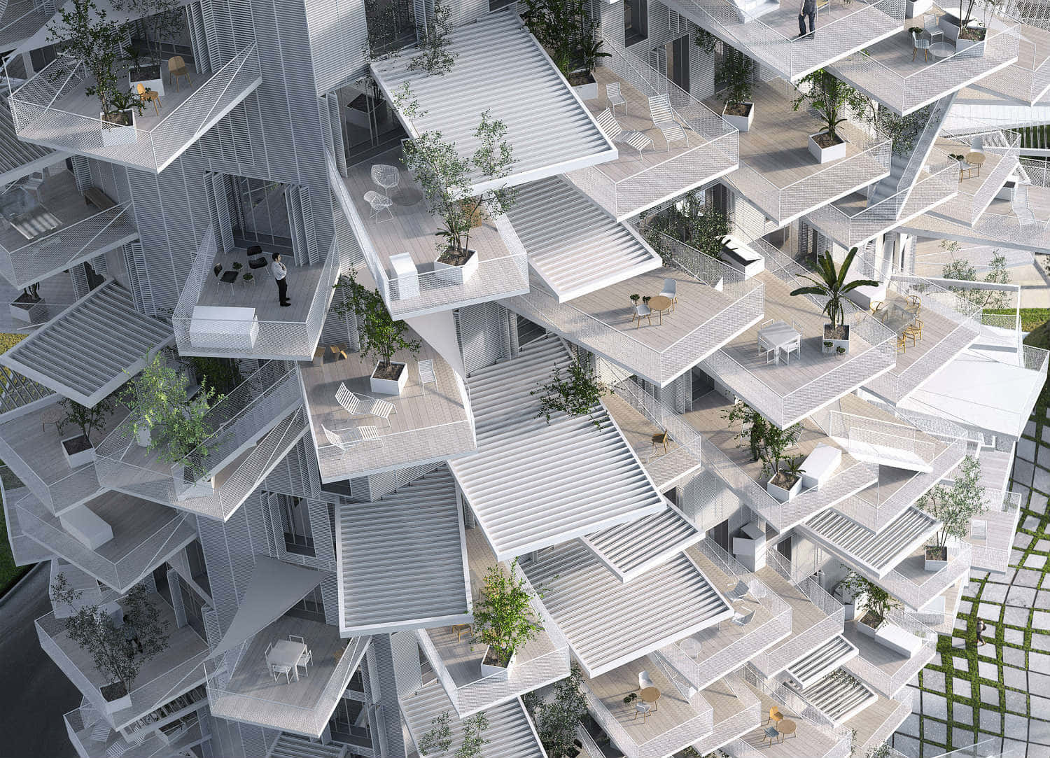 futuristic white tiered building, lush greenery, outdoor furniture, HD Desktop Wallpaper