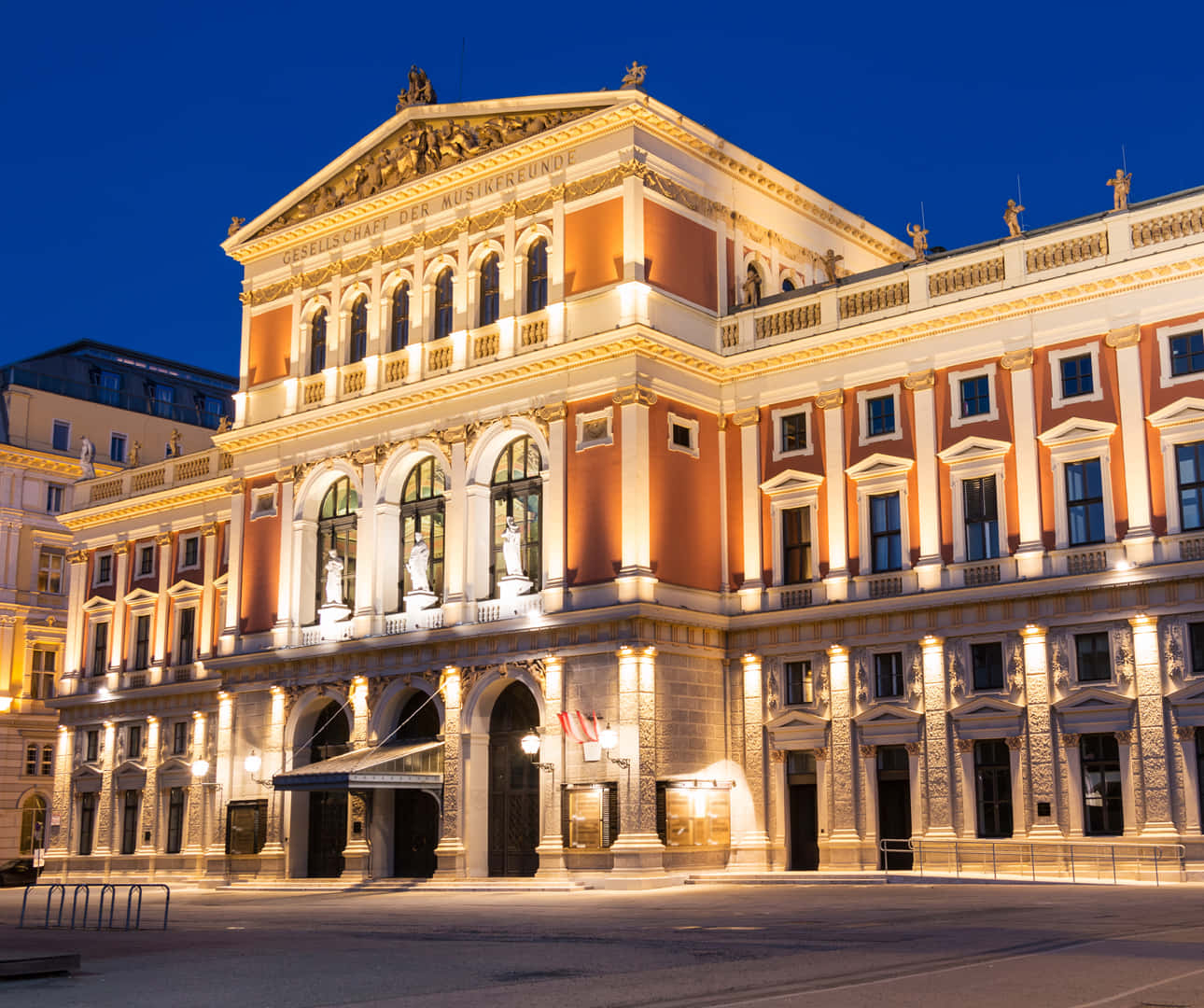 neoclassical concert hall, twilight, golden lights, HD Desktop Wallpaper