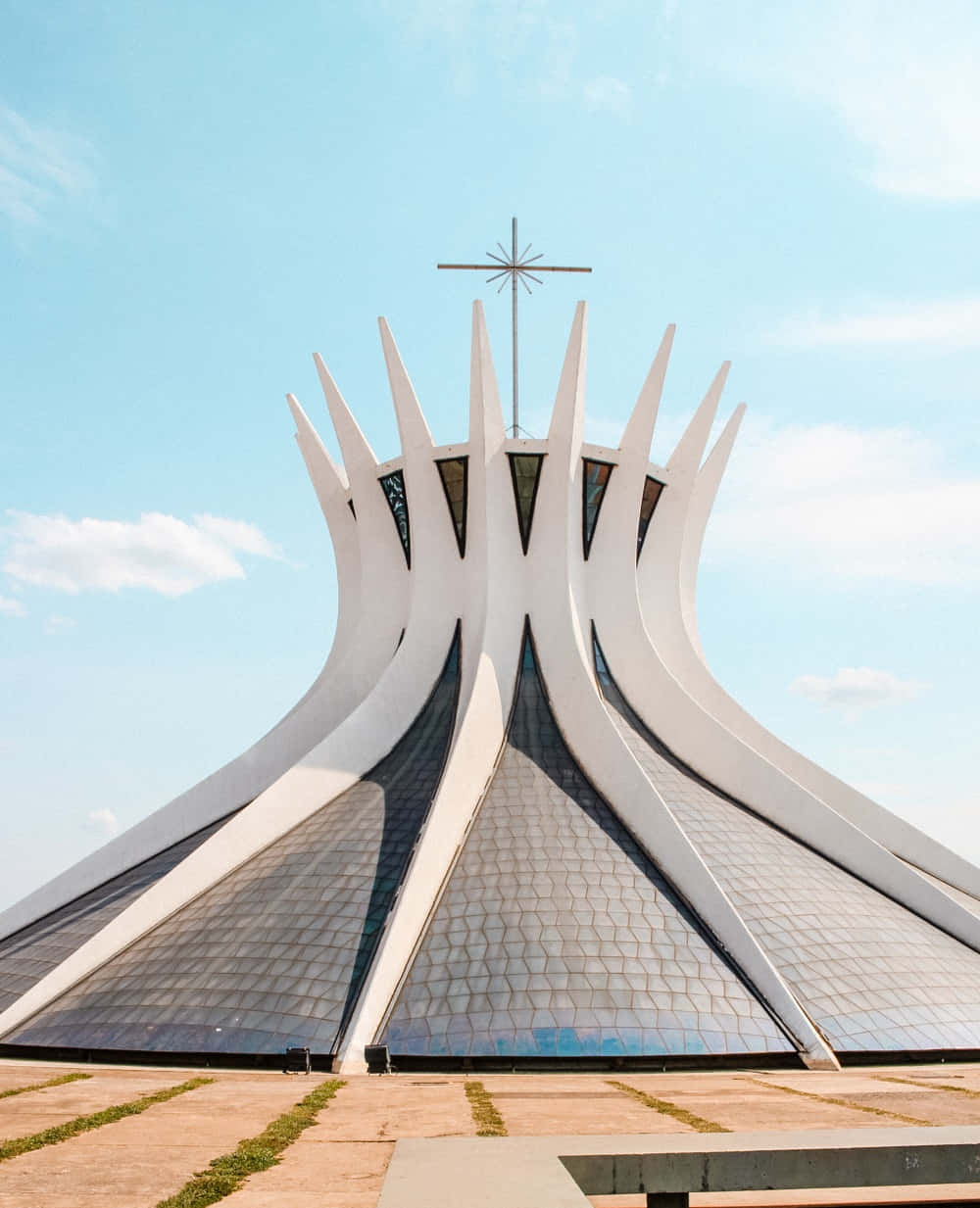 white modernist cathedral, spiky concrete ribs, glass panels, SD Phone Wallpaper