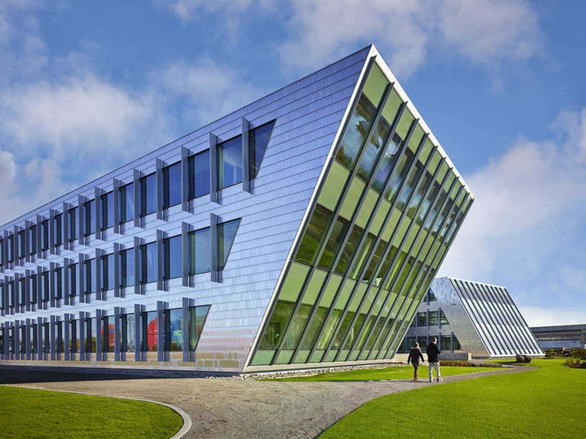 modern glass building, tilted facade, blue sky, SD Desktop Wallpaper