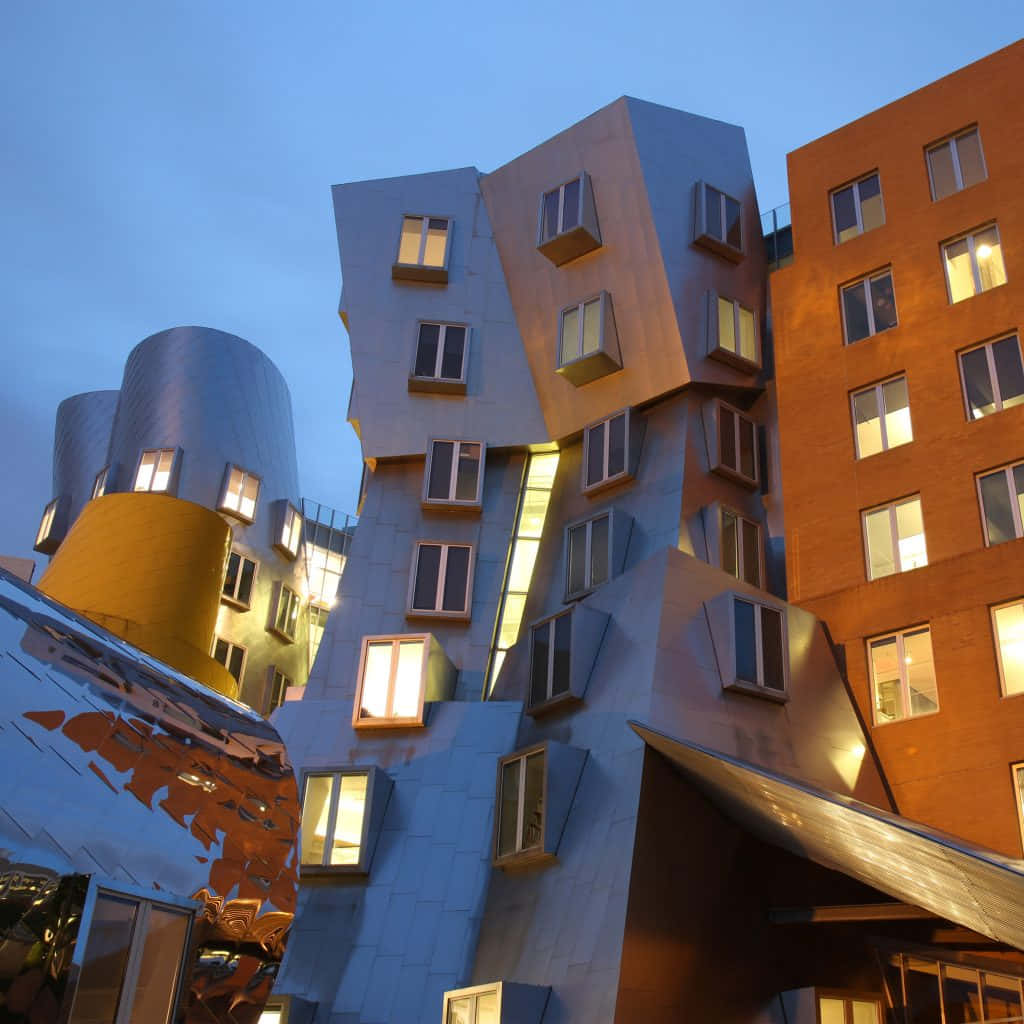 futuristic metallic building, jagged windows, twilight sky, SD Desktop Wallpaper