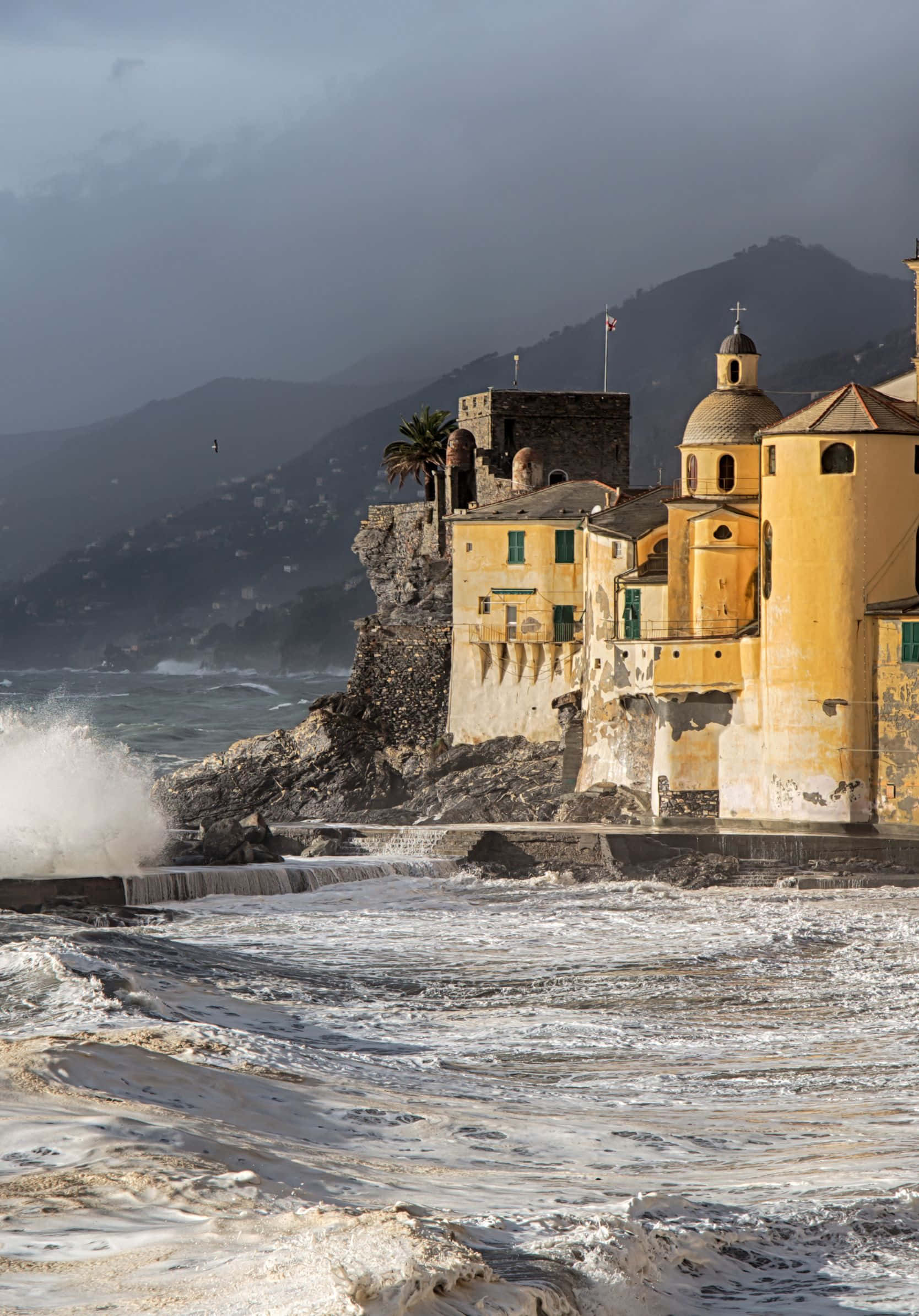 cliffside village, yellow buildings, church, Full HD Phone Wallpaper