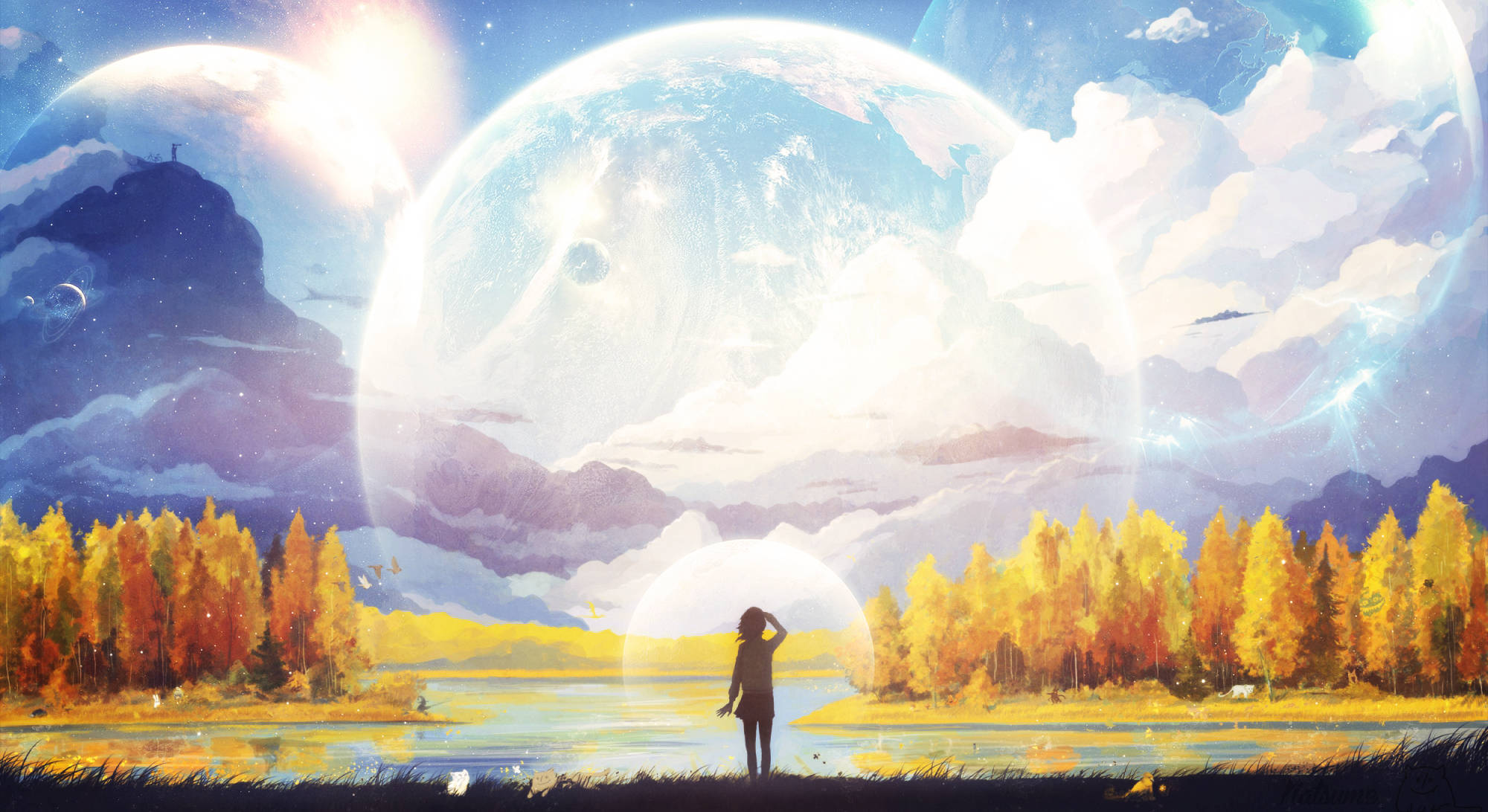 autumn trees, lone figure, lake, Full HD Desktop Wallpaper