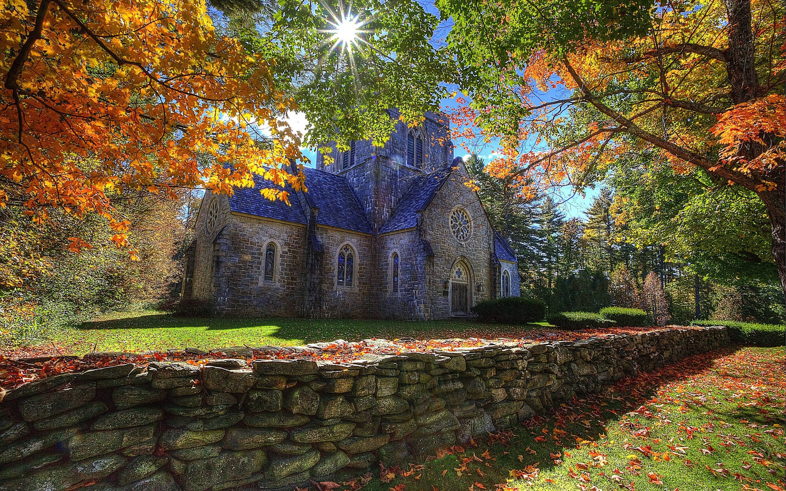 old forest church, autumn woods, golden leaves, 2K Desktop Wallpaper