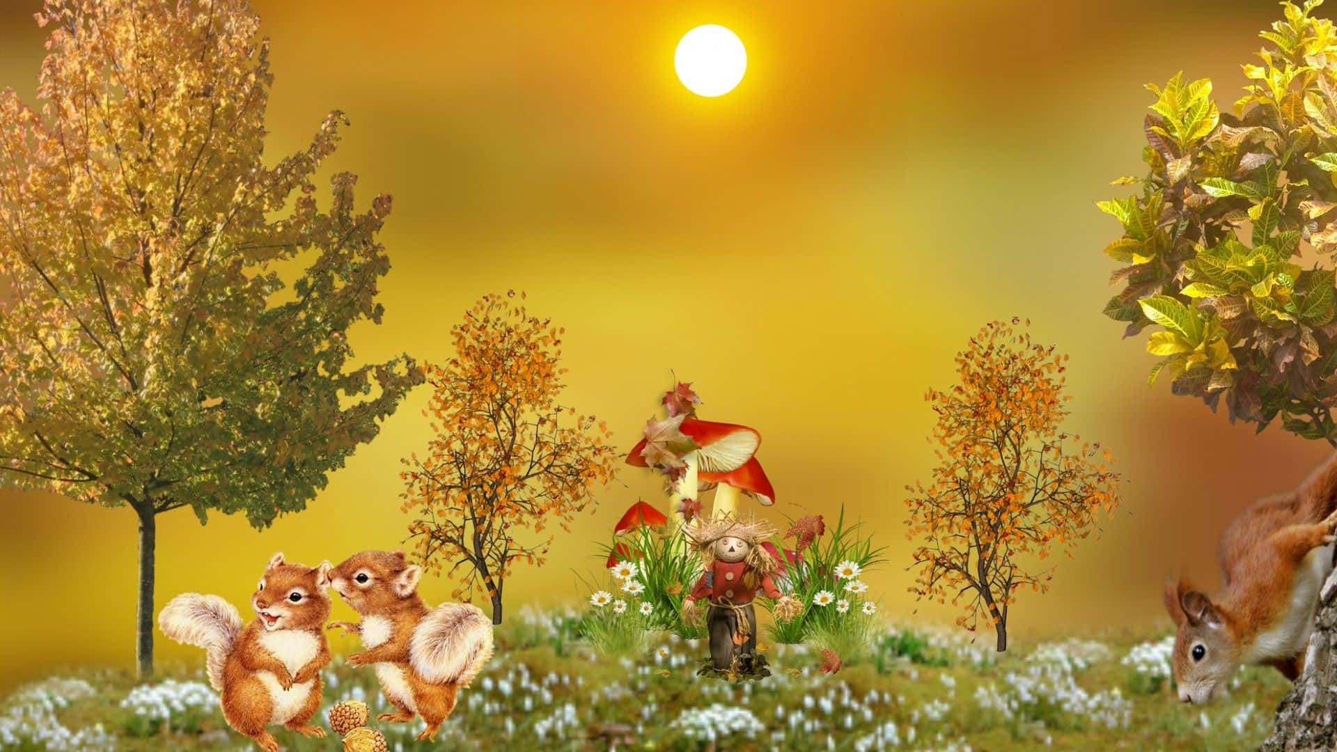 autumn meadow, white flowers, red mushrooms, Full HD Desktop Wallpaper