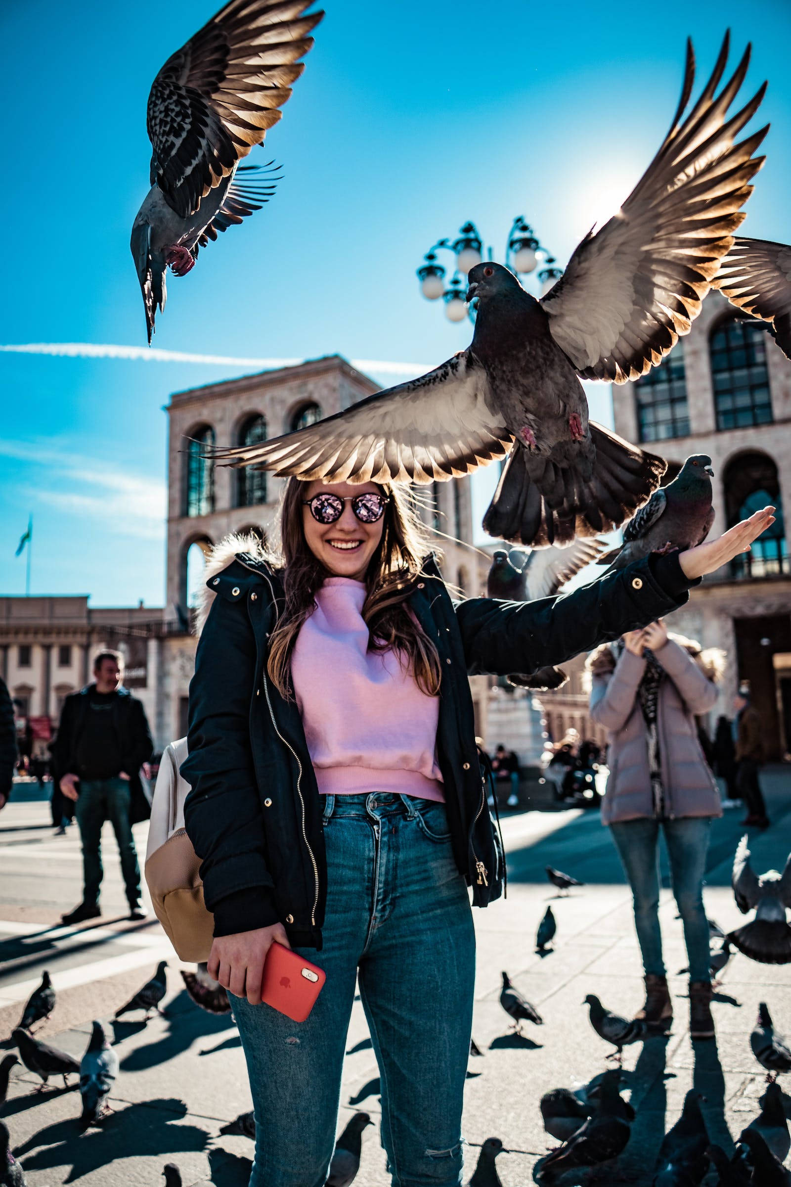 woman, pigeon, black jacket, Full HD Phone Wallpaper