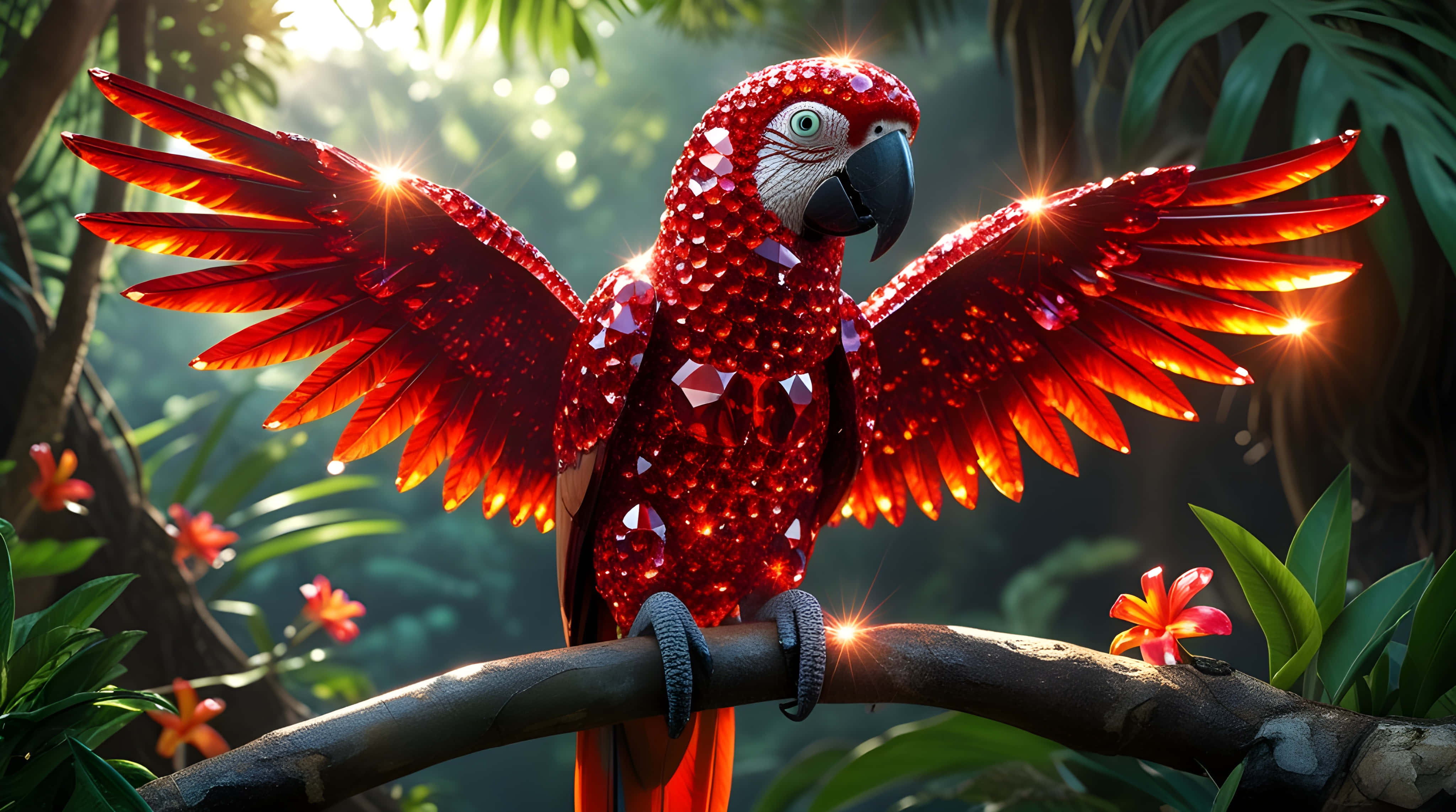 red jewel-covered macaw, sunlit jungle, glowing feathers, 4K Desktop Wallpaper