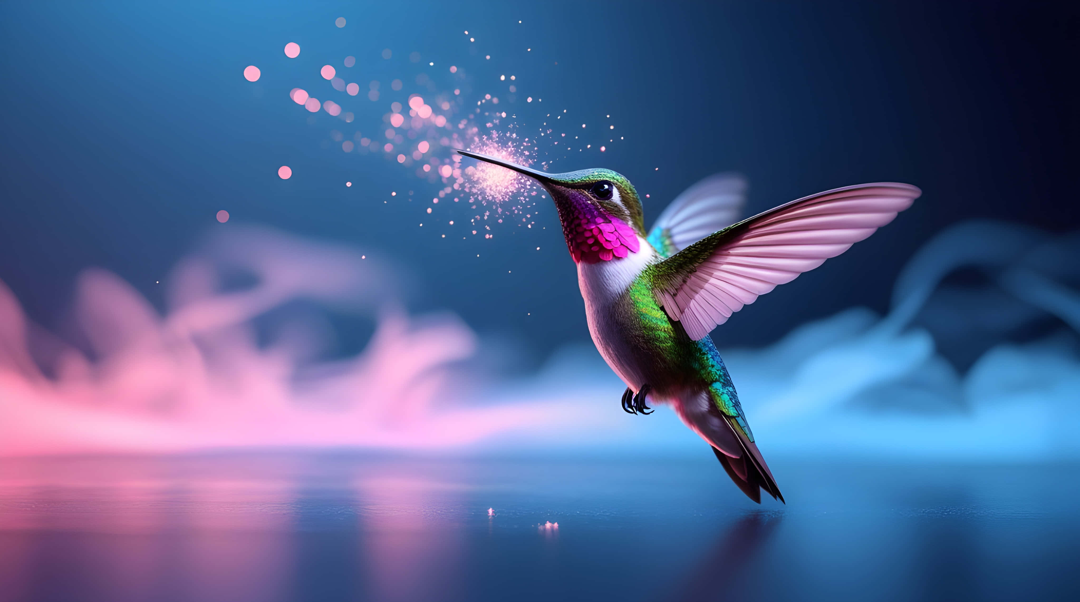 hummingbirds, sparkling pink particles, gradient blue and pink sky, 4K Desktop Wallpaper