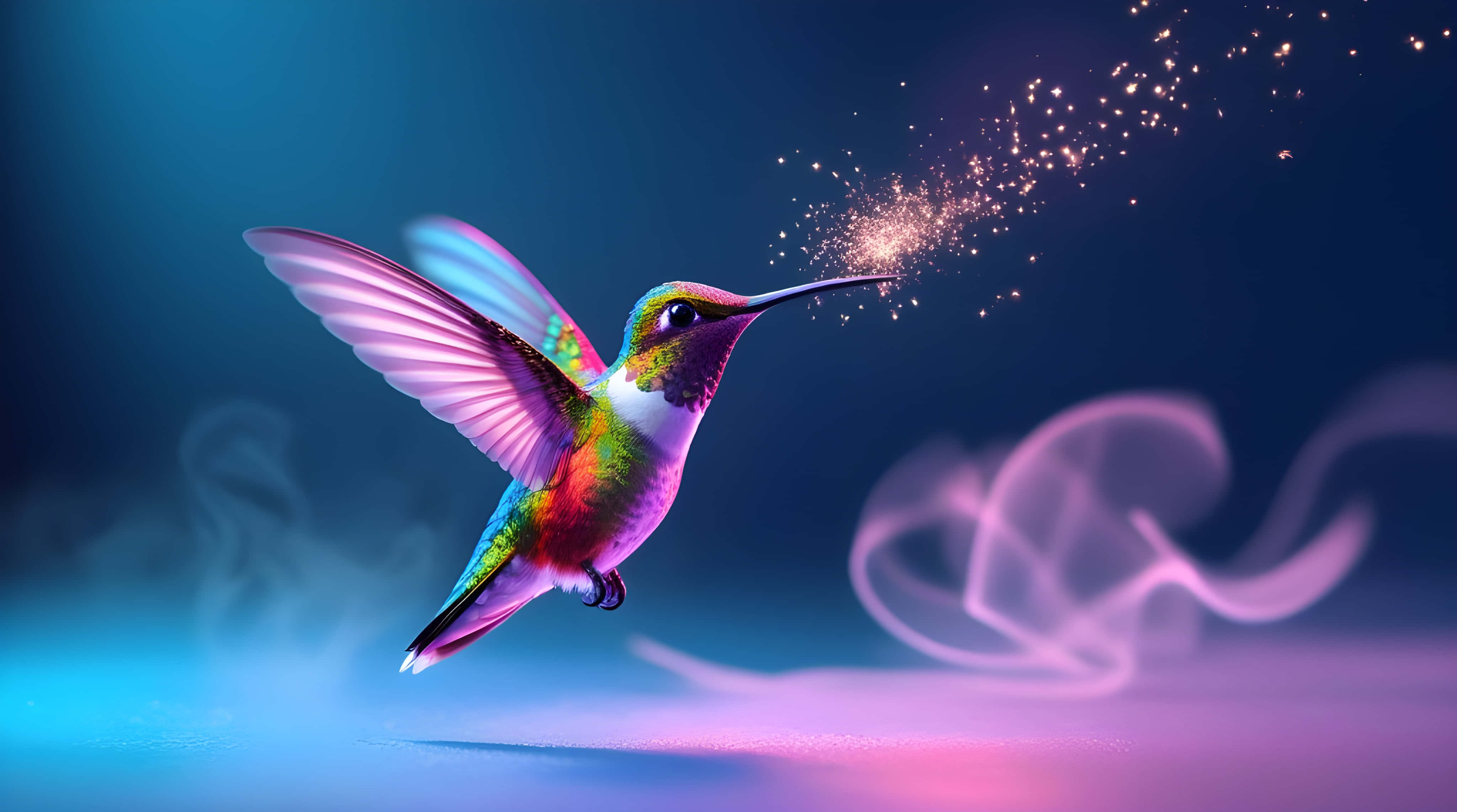 neon lighting, hummingbirds, gradient blue and purple background, 4K Desktop Wallpaper