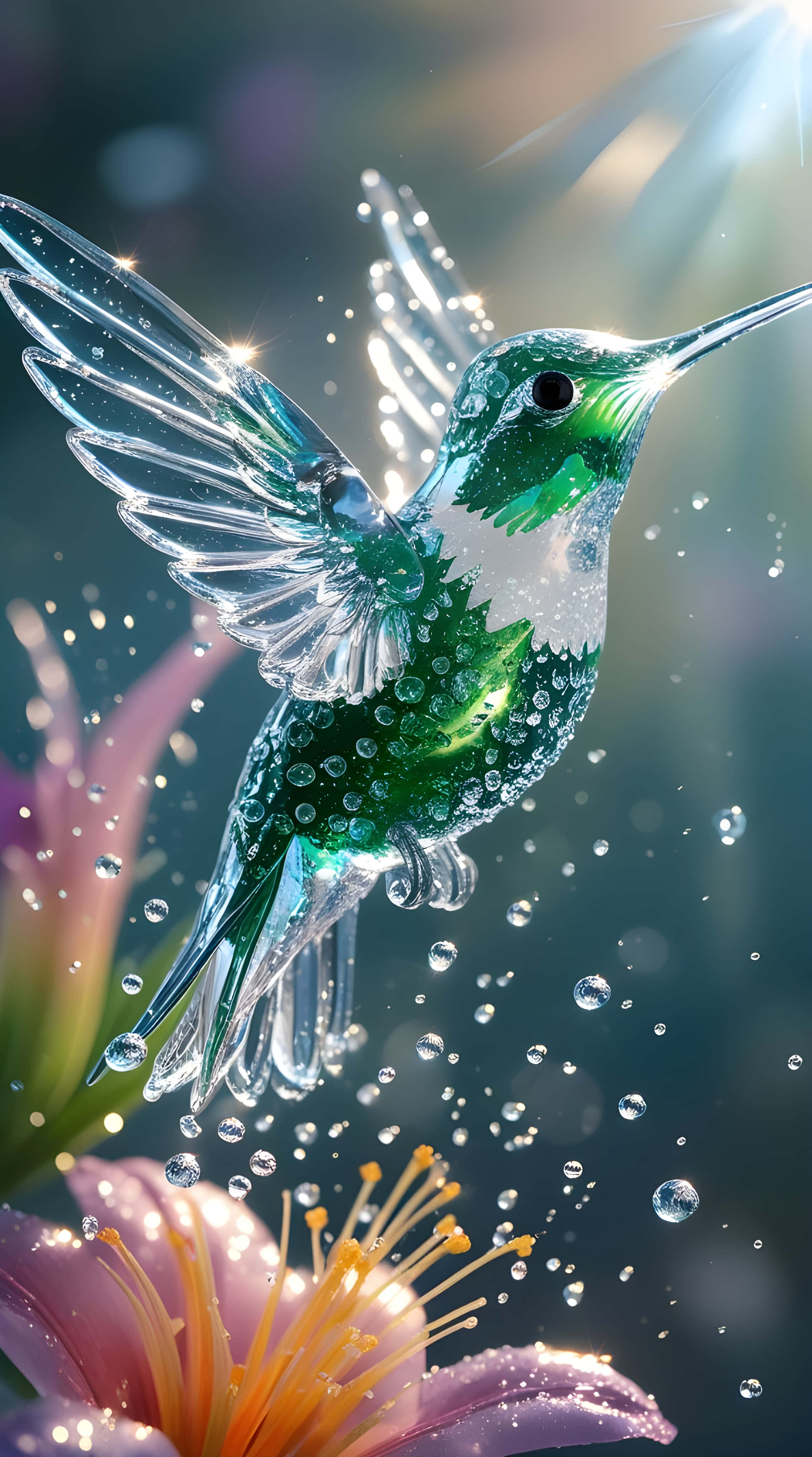 glass hummingbird, iridescent green feathers, pink flower, 4K Phone Wallpaper