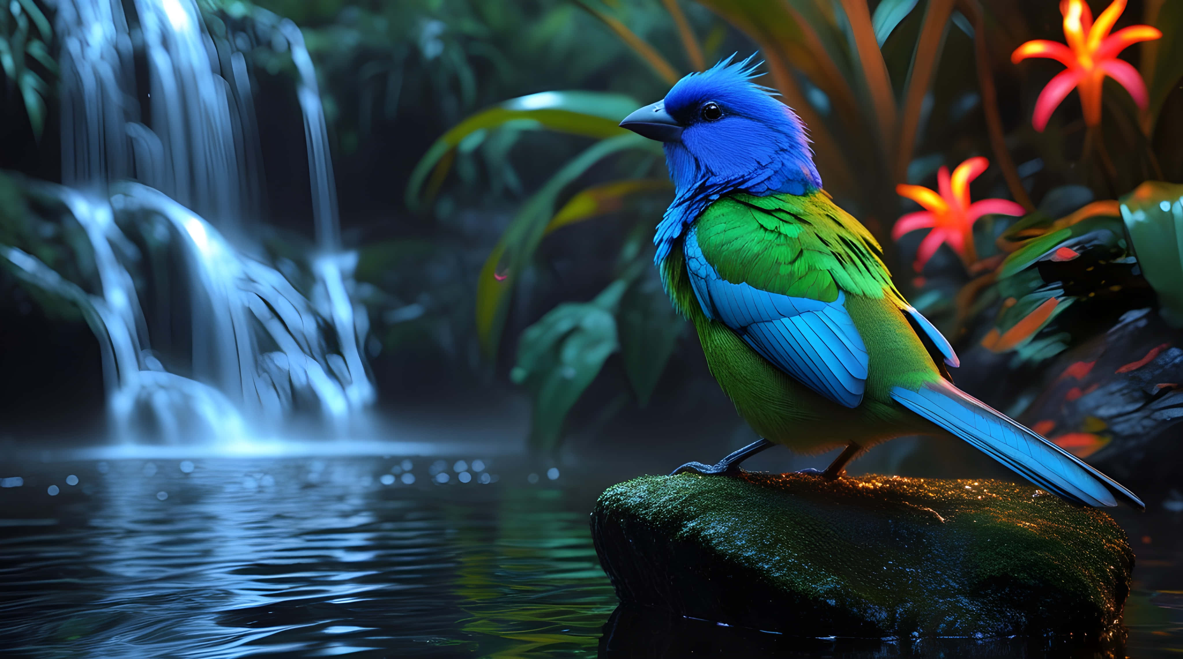 vibrant blue green bird, mossy rock, glowing waterfall, 4K Desktop Wallpaper