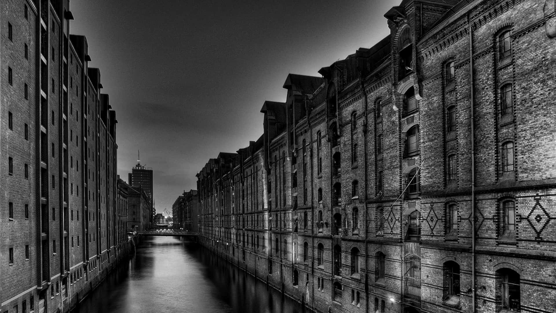 black and white, canal, historic brick warehouses, Full HD Desktop Wallpaper