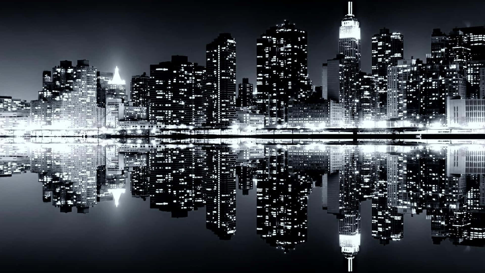 black and white, city skyline, night, Full HD Desktop Wallpaper