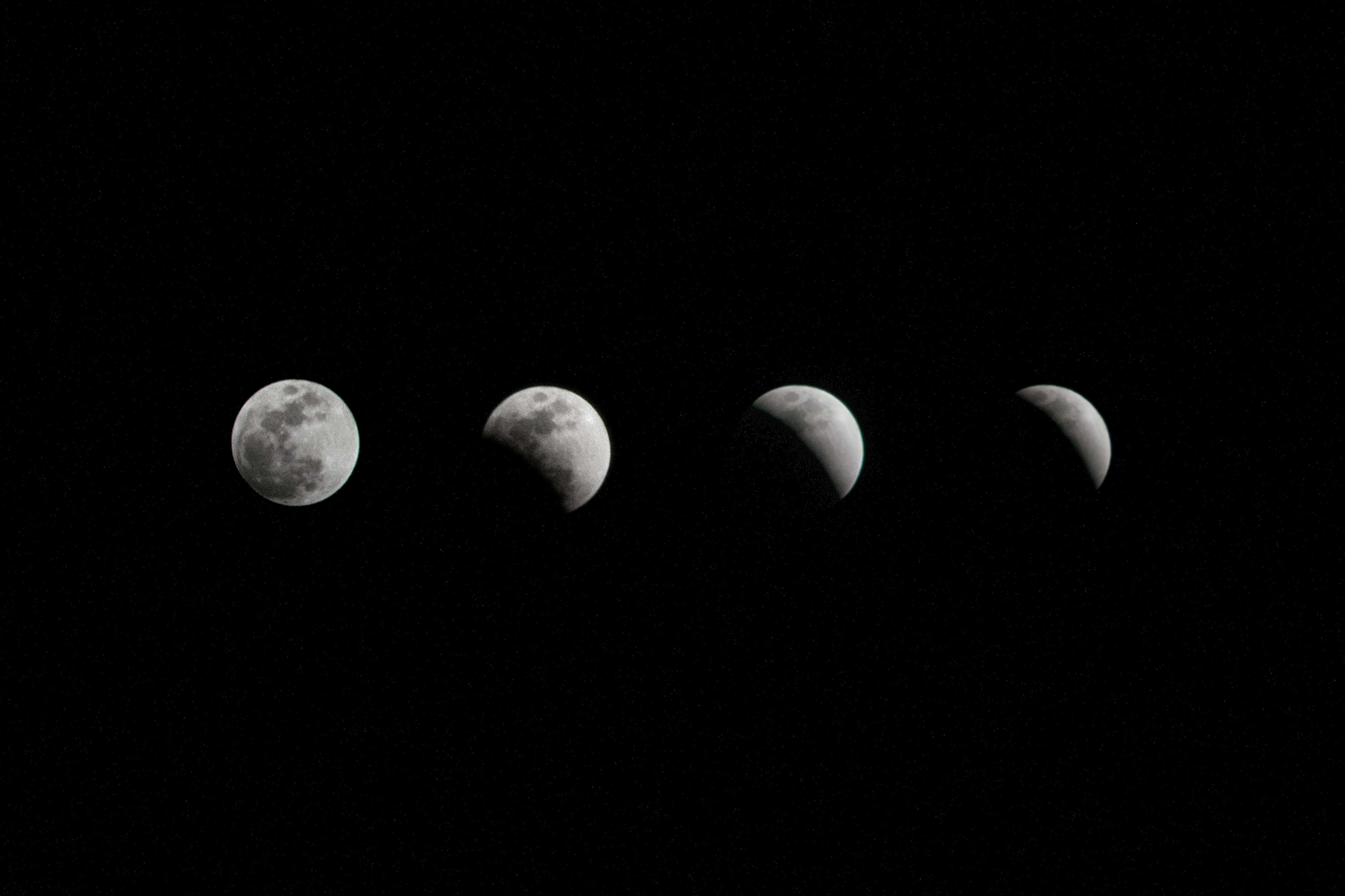 lunar eclipse, deep black sky, Four phases, 4K Desktop Wallpaper
