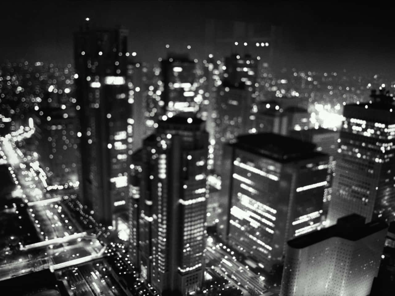black and white, nighttime cityscape, blurred skyscrapers, HD Desktop Wallpaper