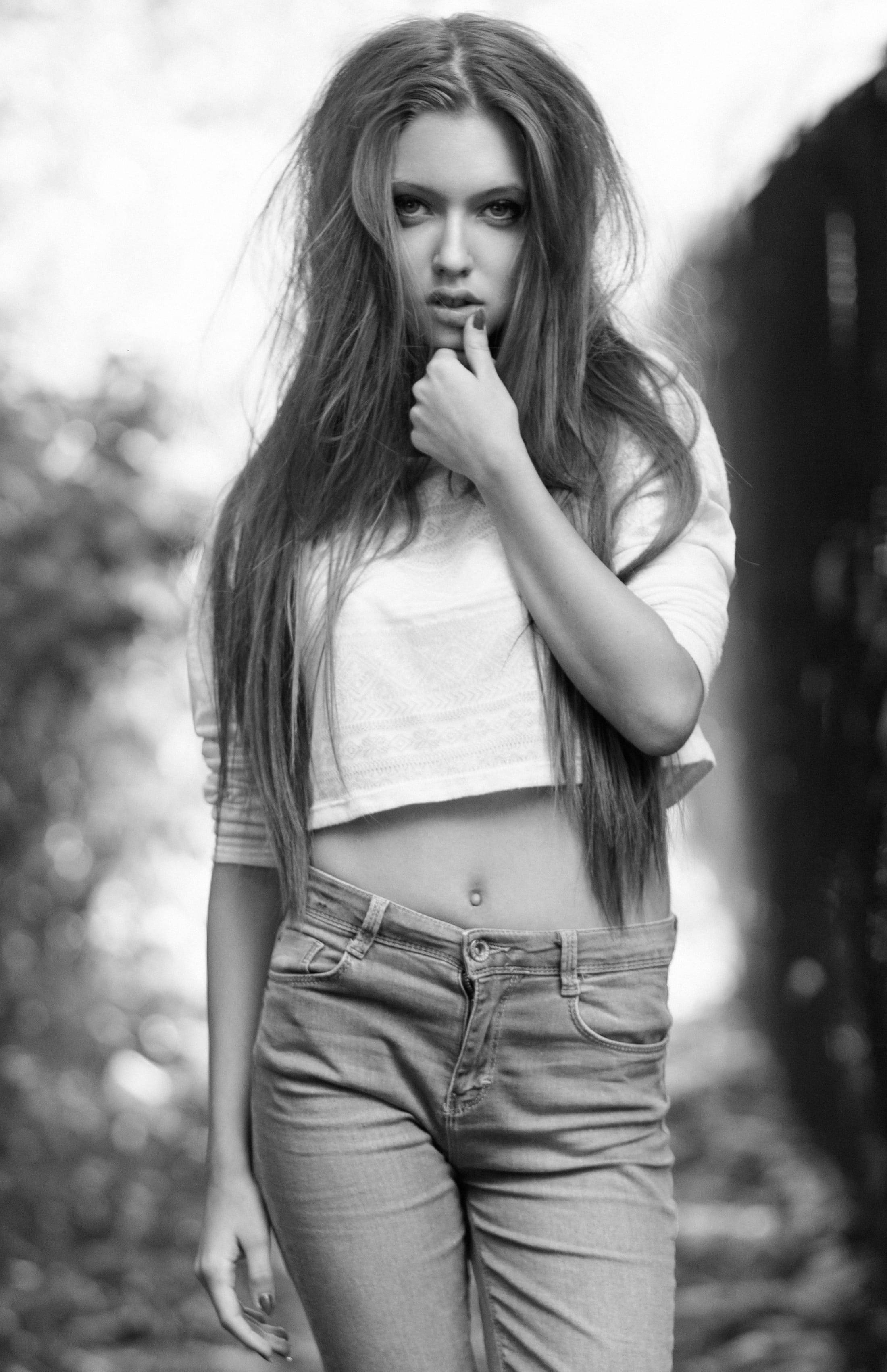 black and white, young woman, long hair, 2K Phone Wallpaper