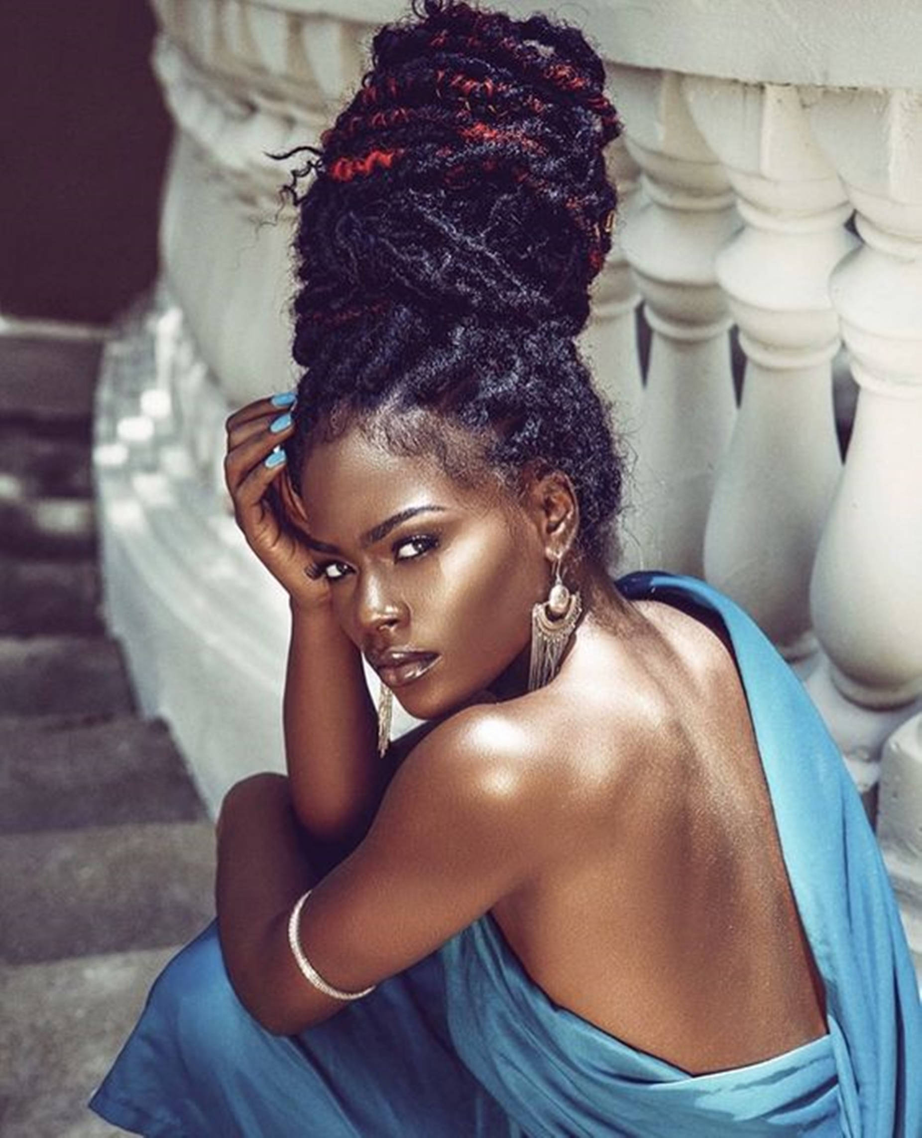 beautiful black woman, blue attire, intricate red and black braids, Full HD Phone Wallpaper
