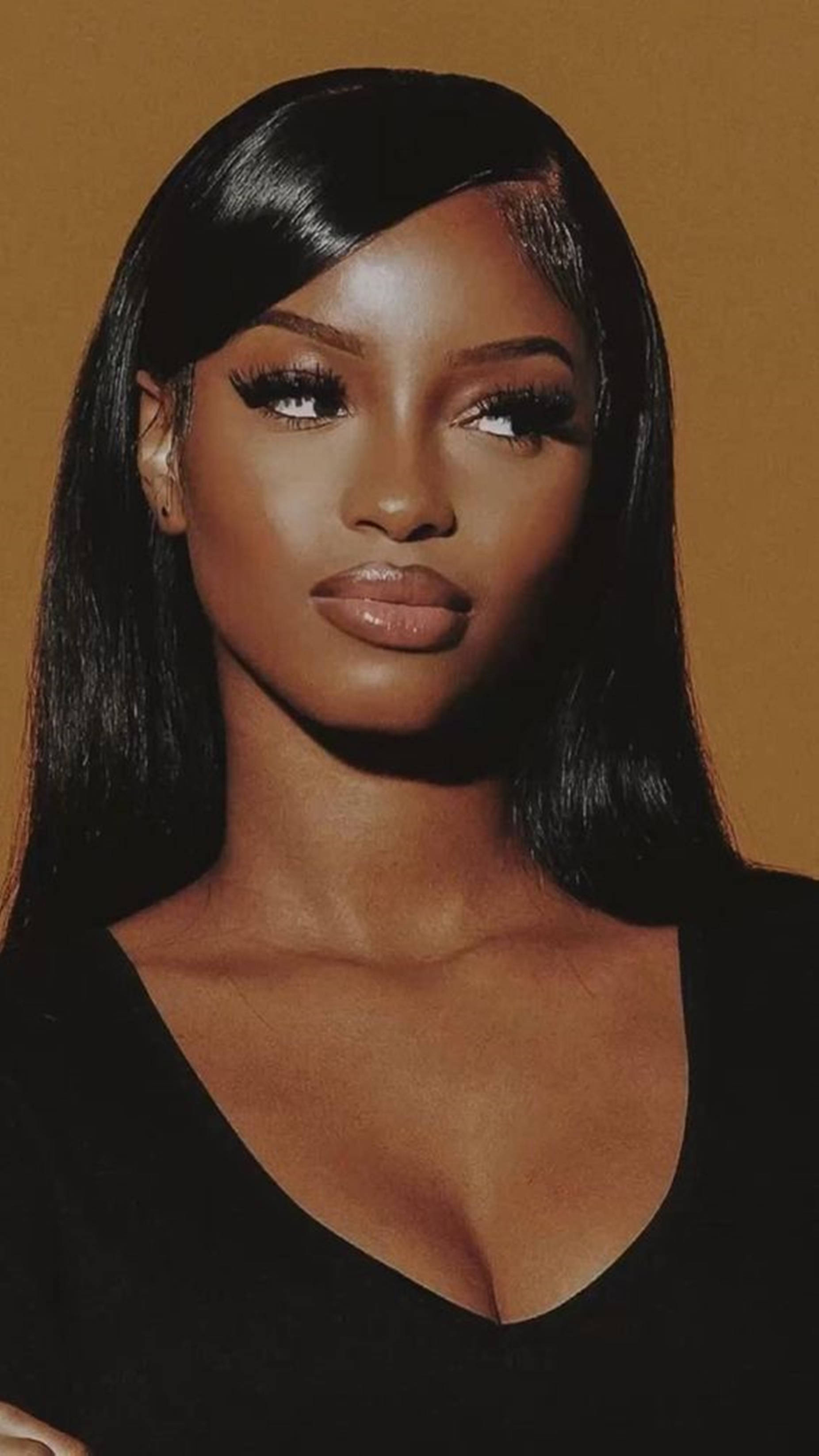 Beautiful Black Woman, long black hair, bold makeup, 2K Phone Wallpaper