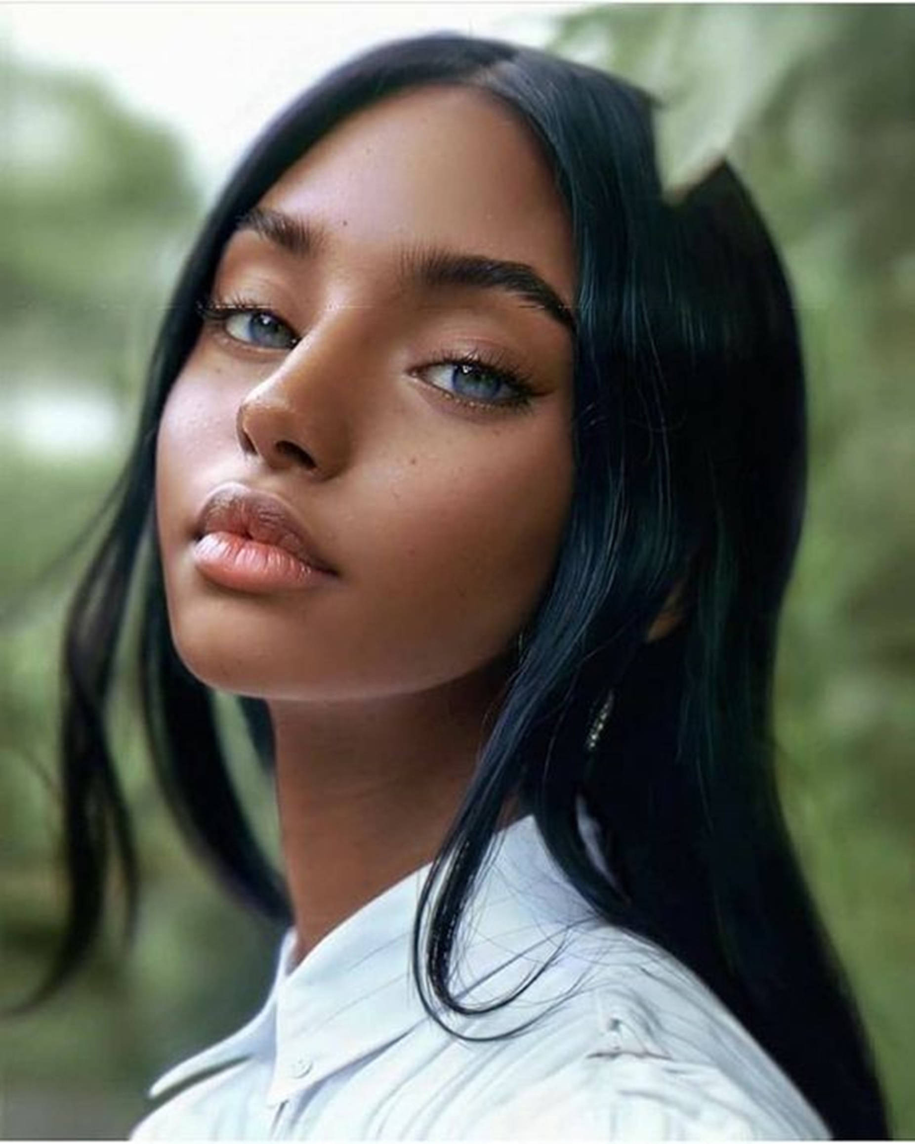 beautiful black woman, blue eyes, long black hair, Full HD Phone Wallpaper