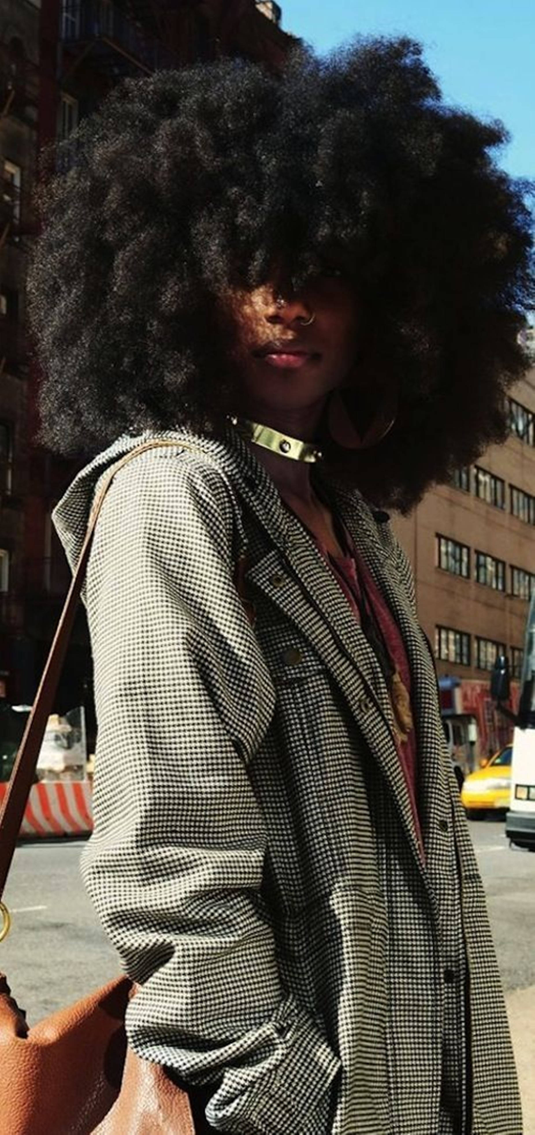 afro, sunlit city street, houndstooth coat, 4K Phone Wallpaper