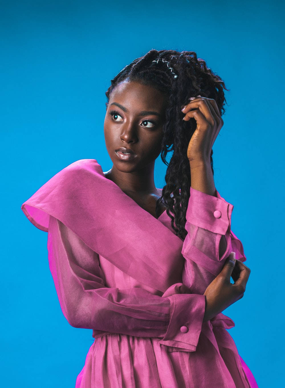 beautiful black woman, vibrant pink dress, solid blue studio backdrop, HD Phone Wallpaper