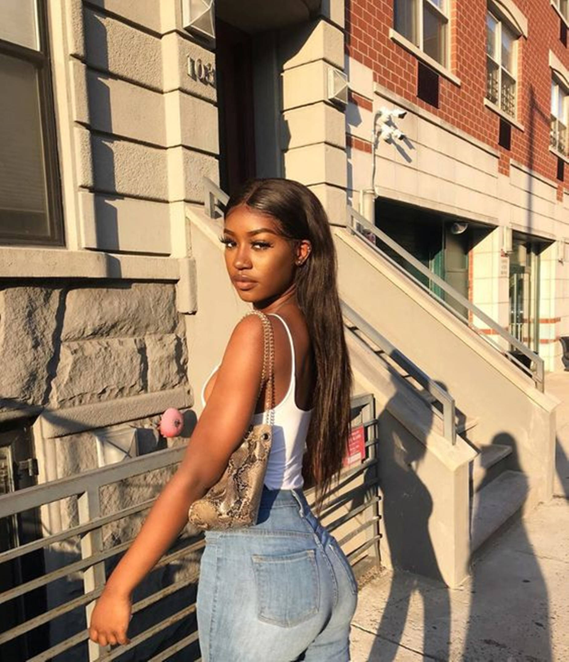white top, jeans, sunlit urban staircase, Full HD Phone Wallpaper