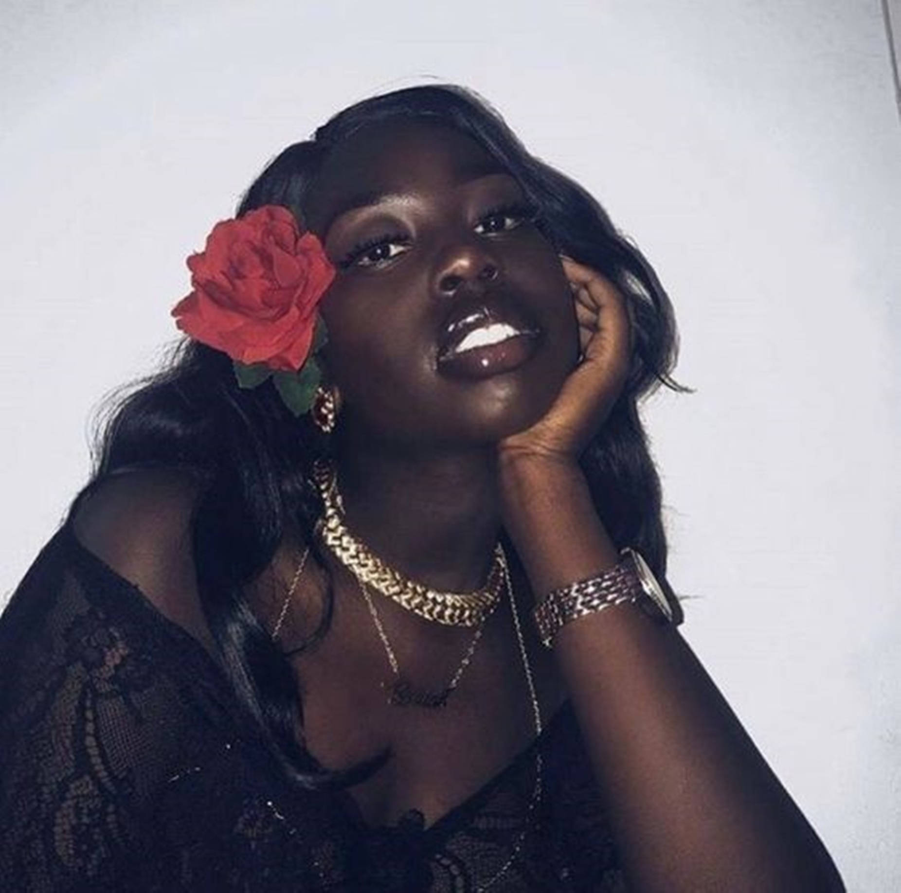 Beautiful Black Woman, red rose, long black hair, HD Desktop Wallpaper