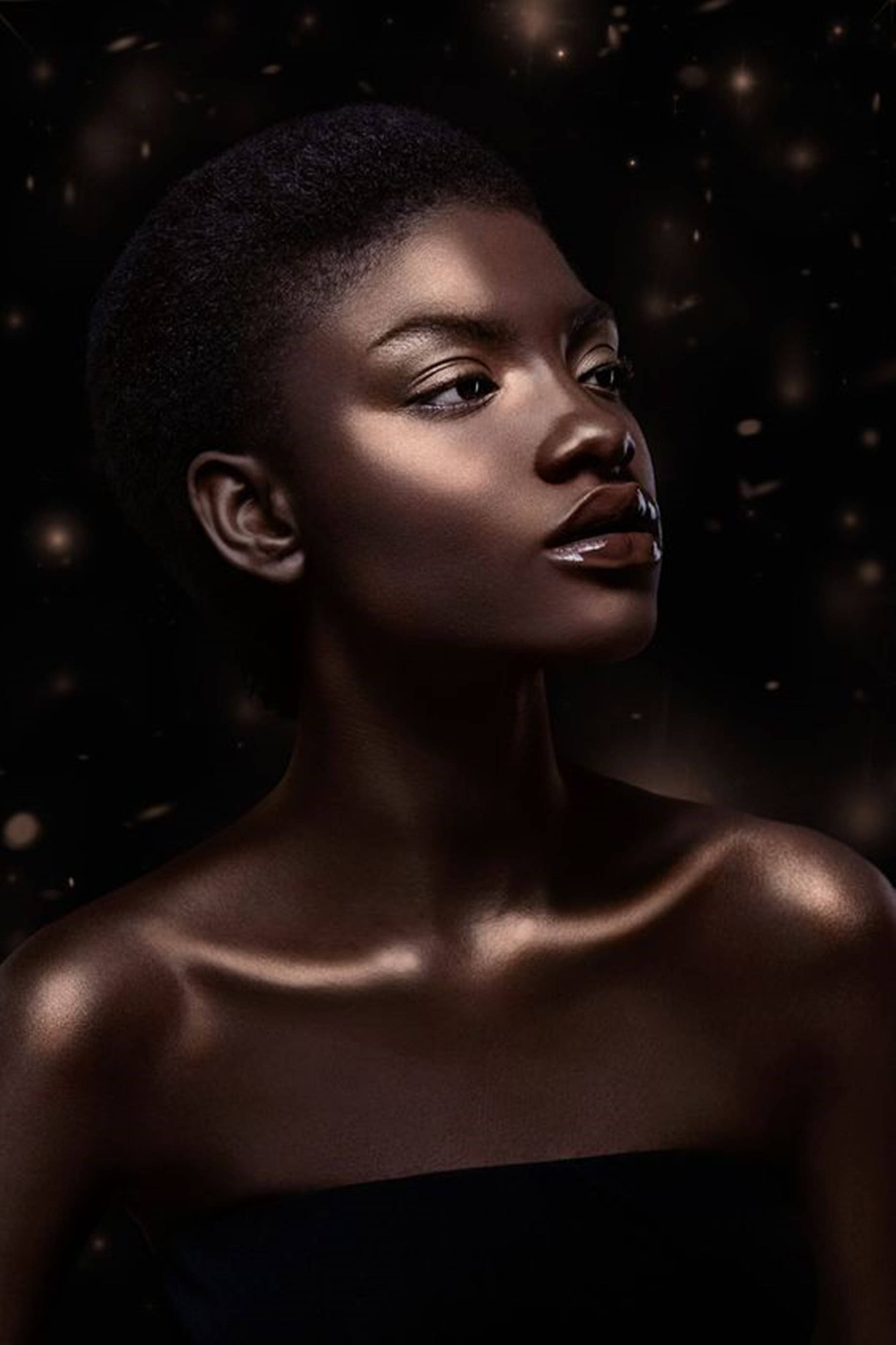 glowing skin, starry black background, short dark hair, 2K Phone Wallpaper
