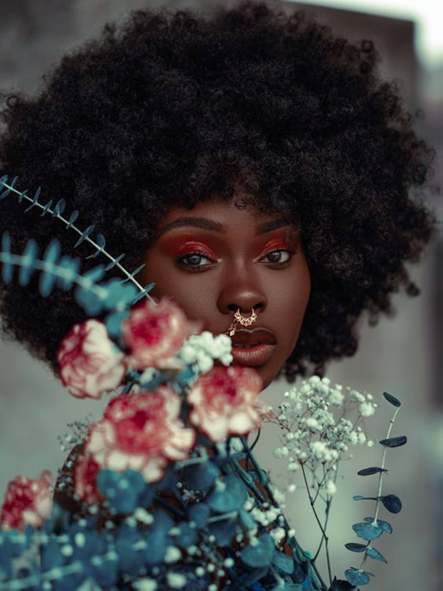 beautiful black woman, voluminous afro, red eyeshadow, Full HD Phone Wallpaper