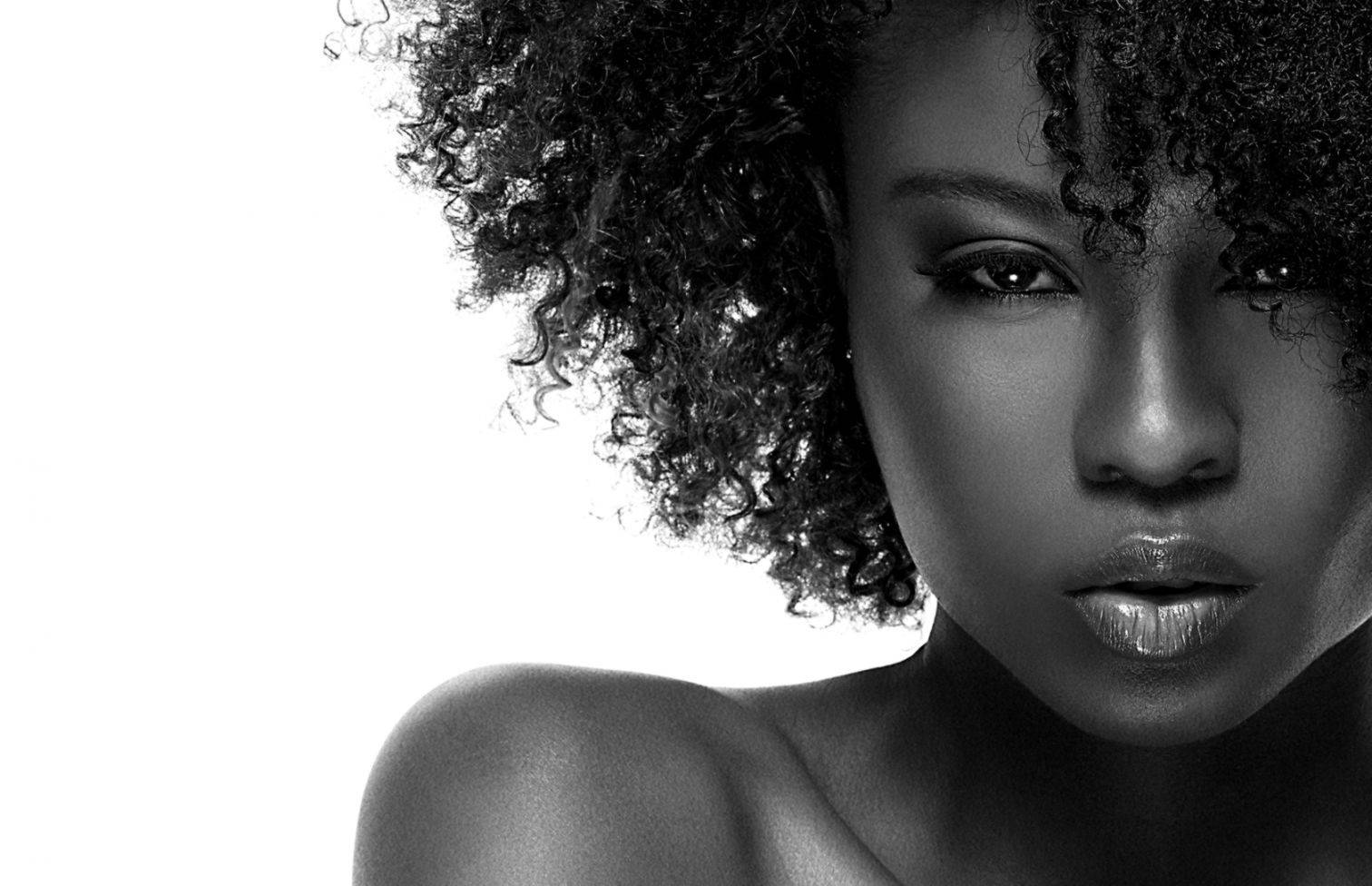 Beautiful Black Woman, monochrome portrait, voluminous curls, HD Desktop Wallpaper