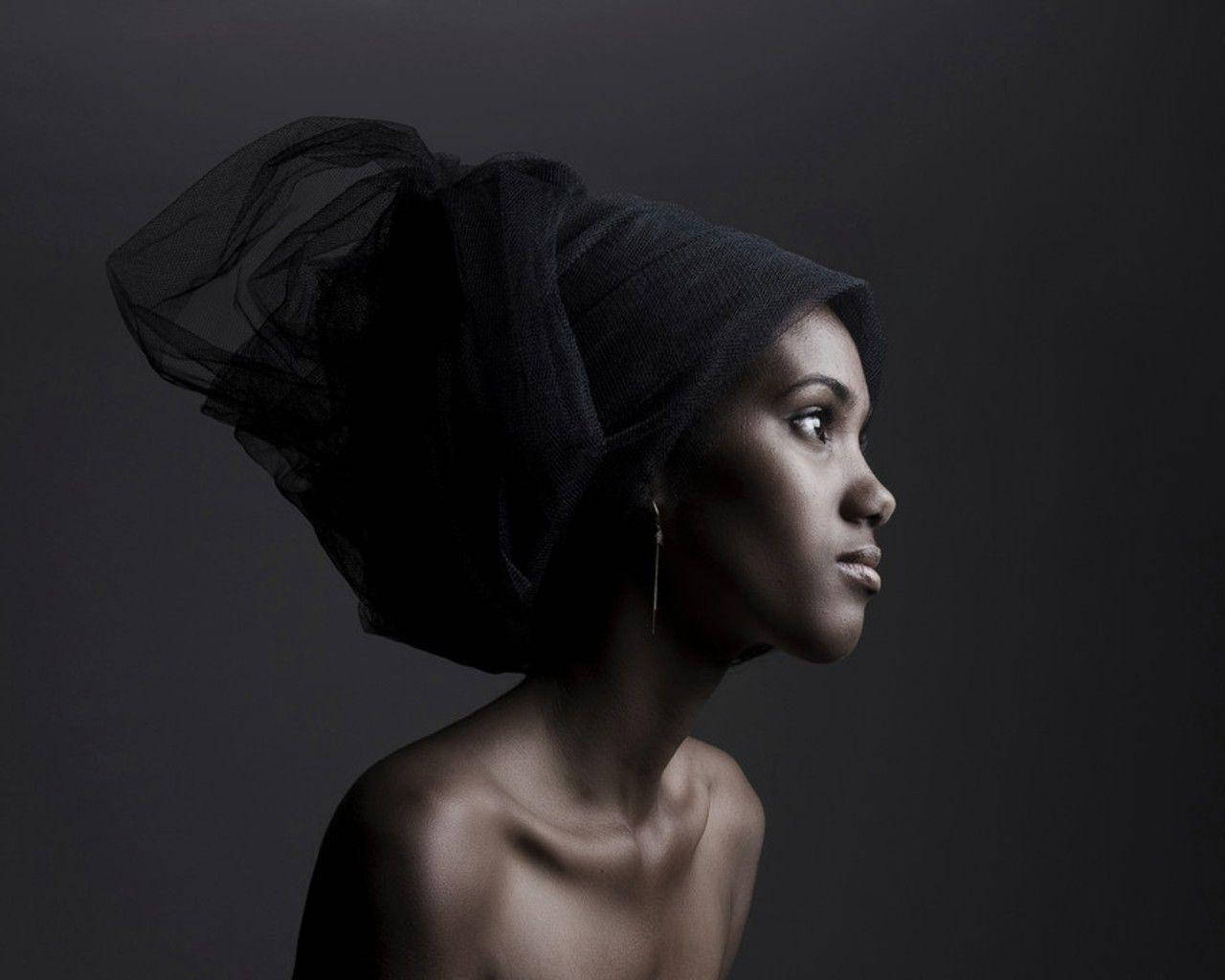 Beautiful Black Woman, side view, dramatic black headpiece, HD Desktop Wallpaper