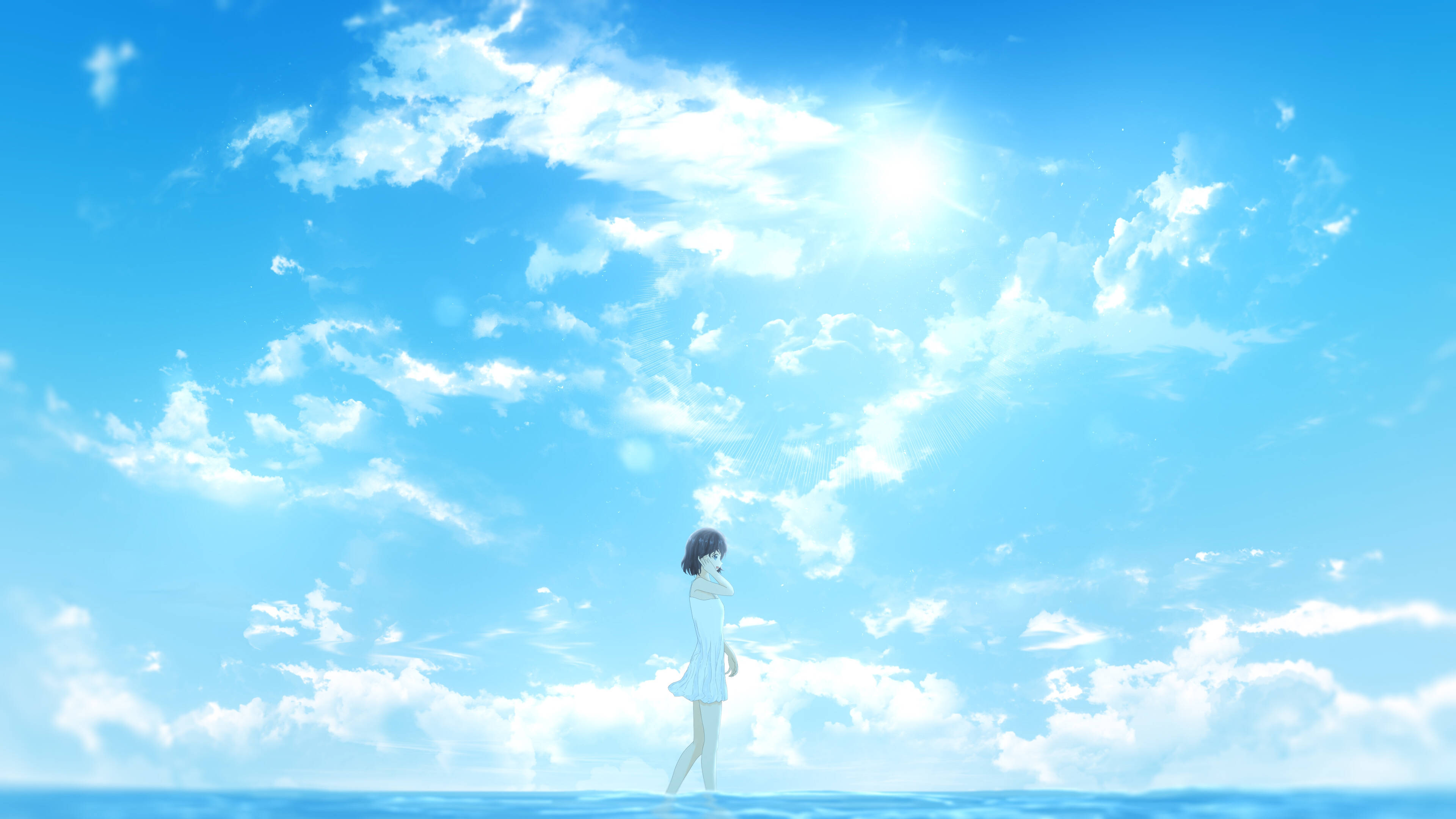 anime girl, white dress, calm blue water, 4K Desktop Wallpaper