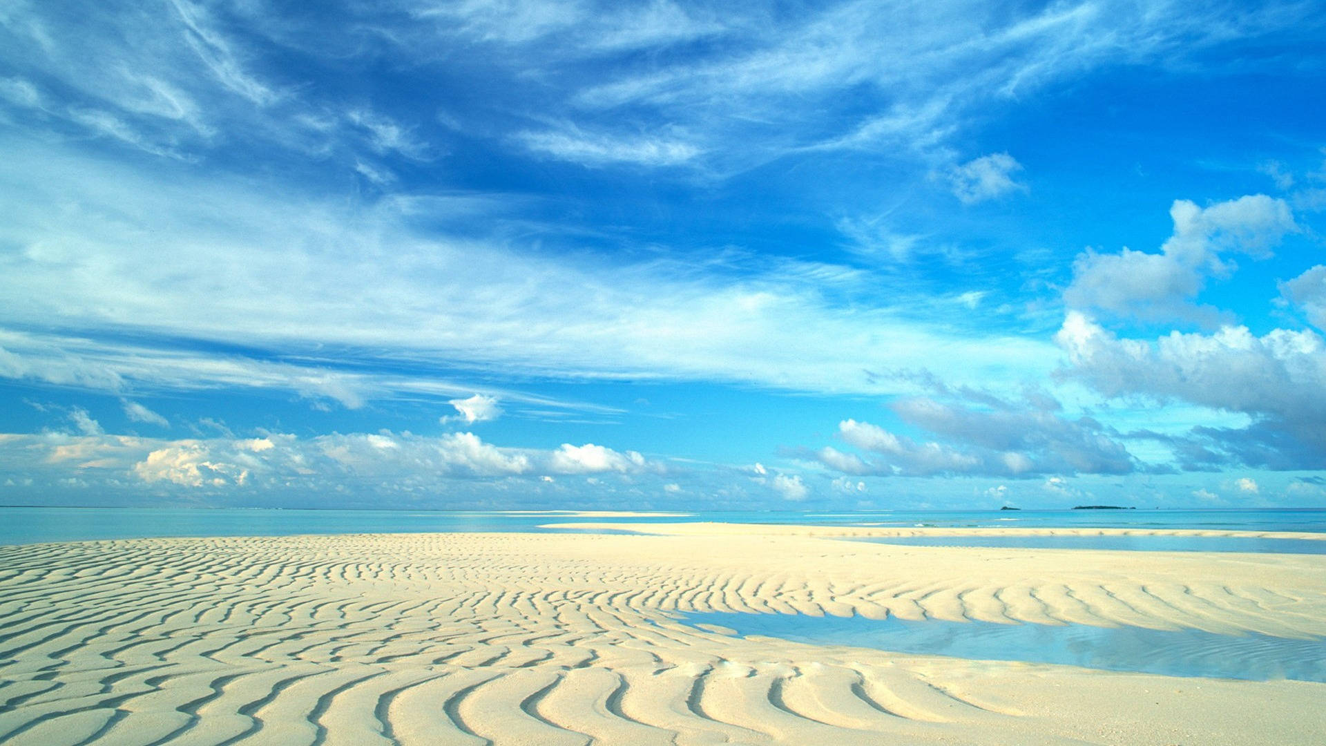 turquoise water, vibrant blue sky, wispy clouds, Full HD Desktop Wallpaper