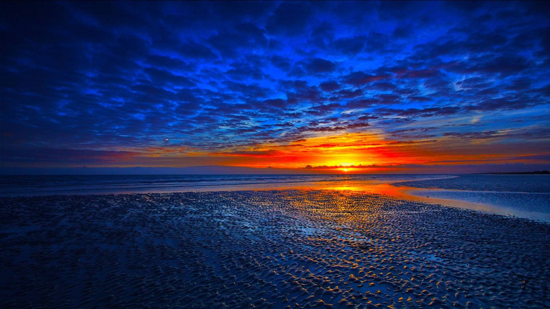 blue, orange, sunset, Full HD Desktop Wallpaper