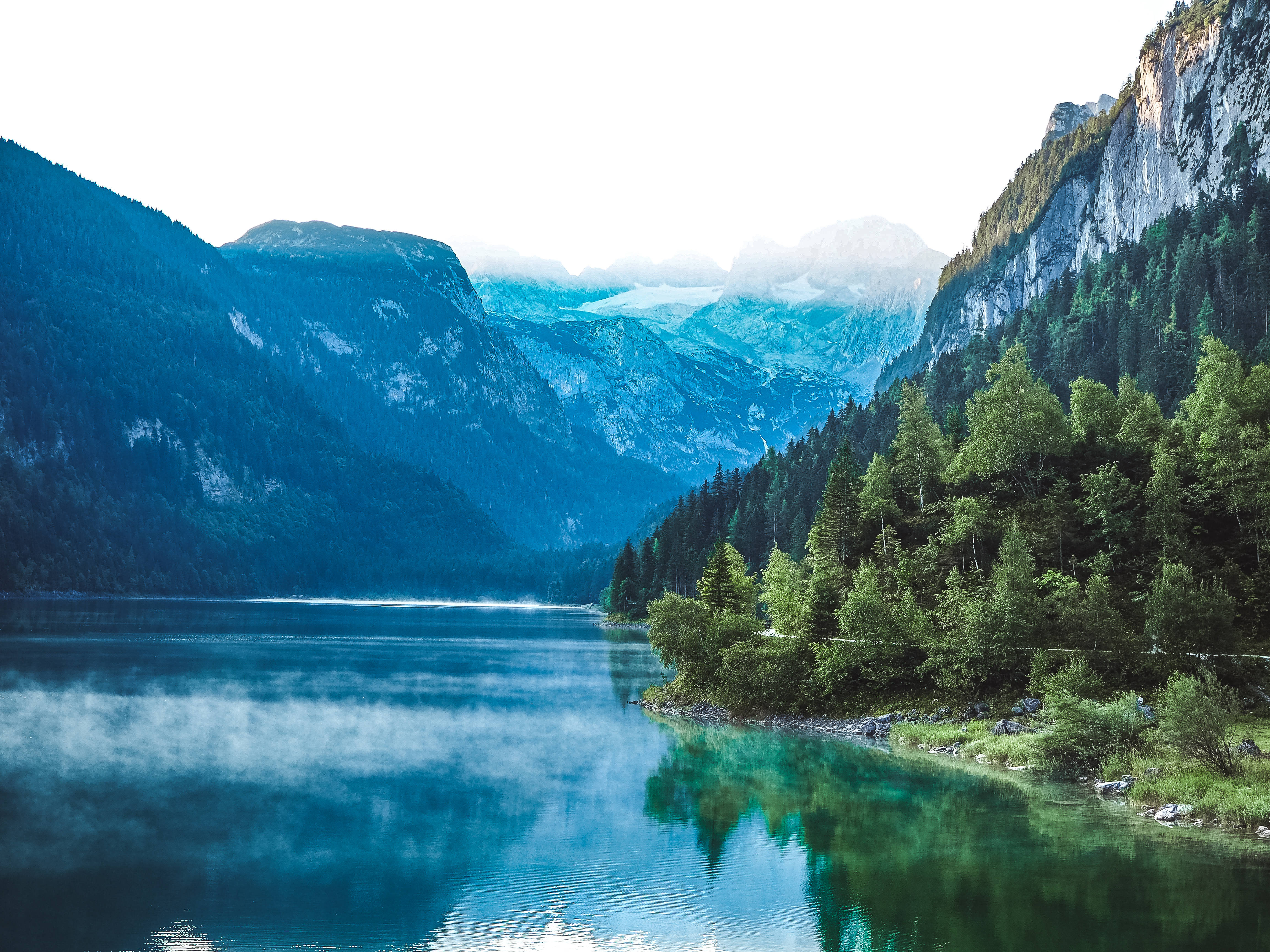 beautiful blue lake, fog, alpine lake, 4K Desktop Wallpaper